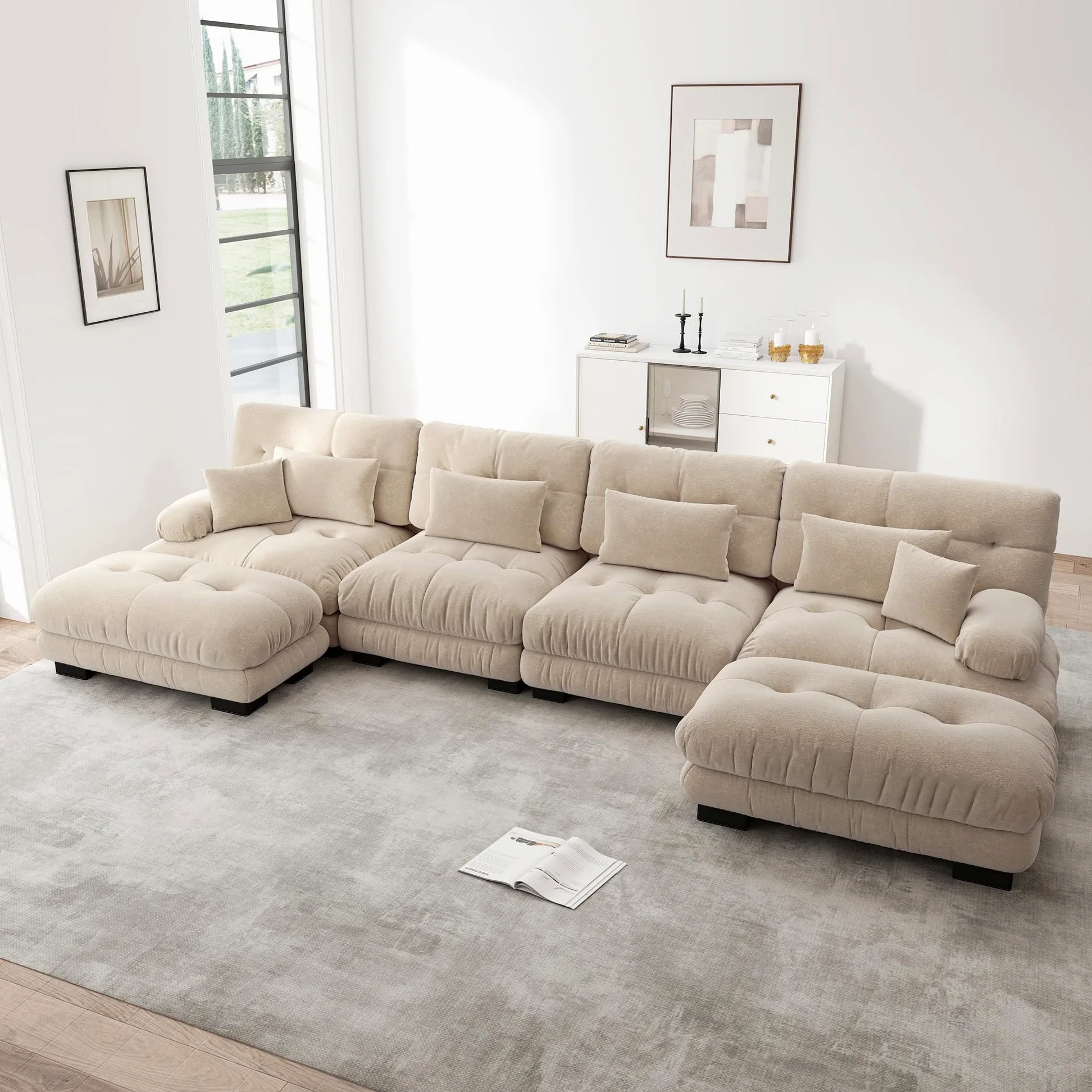 Divano angolare modulare, set divano a forma di U per soggiorno, 4 posti, comodi divani cloud con pouf mobile, combinazione fai da te, caffè leggero, ciniglia marrone chiaro