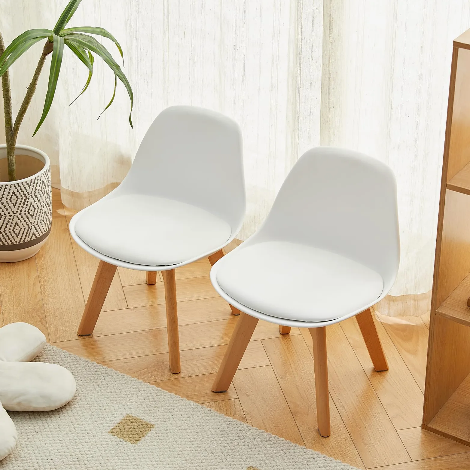 Set di 2 Sedie per Bambini con Gambe in Legno, Sedia Piccola in PP+PU con Schienale per Cameretta, Sedia da scrivania per Bambini, Bianco