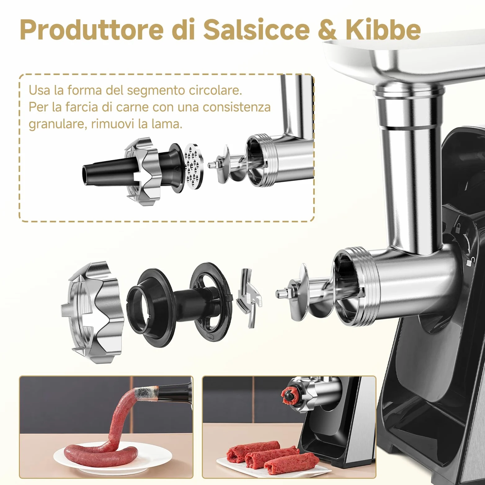 AAOBOSI Tritacarne Elettrico, 3-In-1 Tritacarne Elettrico Professionale [3000W MAX], 2 Lame, 3 Piastre Di Macinazione In Acciaio Inox, 1 Tubi Per Insaccati, 1 Kubbe