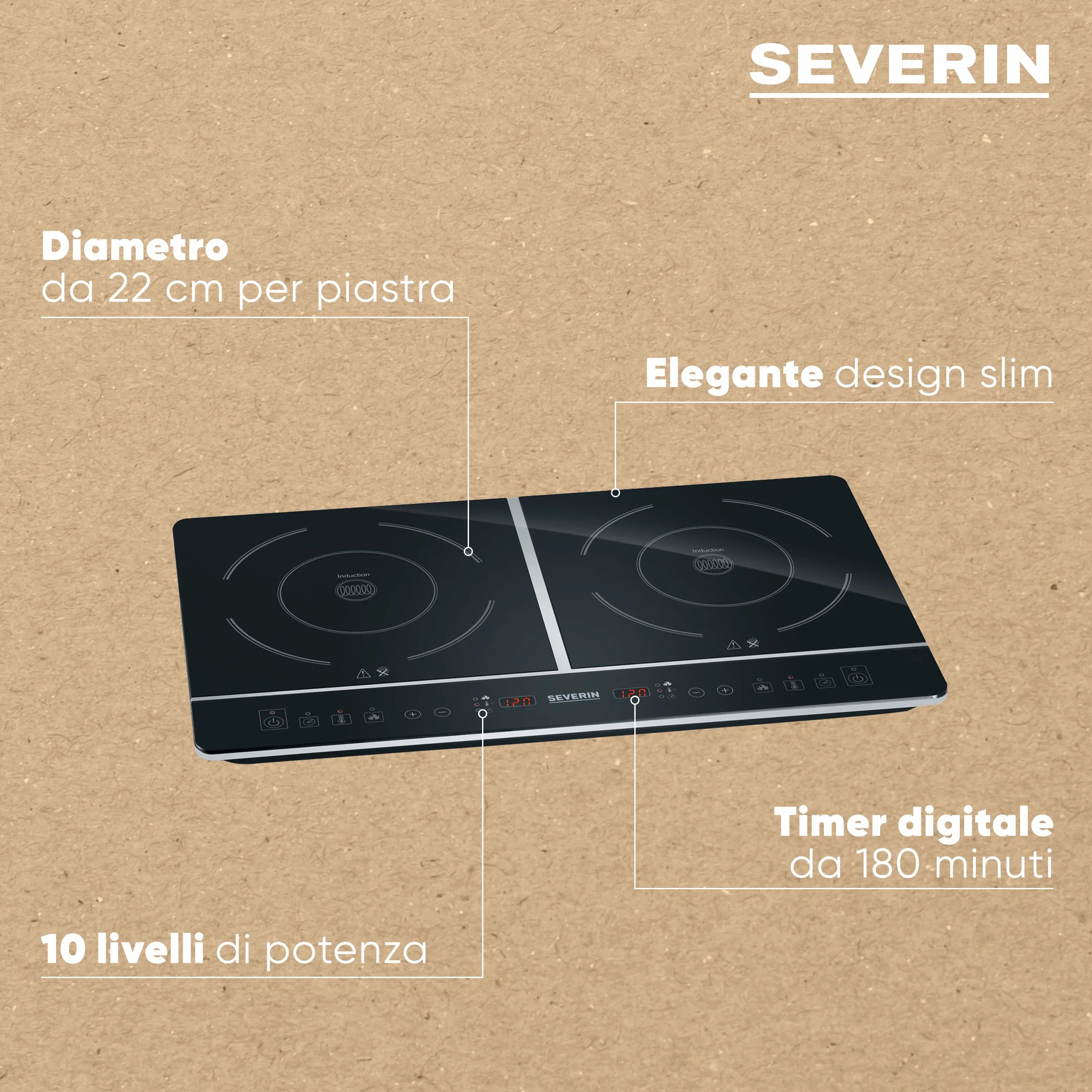 SEVERIN DK 1031 Doppia piastra a induzione 3400W piano in ceramica 2 piastre 10 livelli di potenza Nero