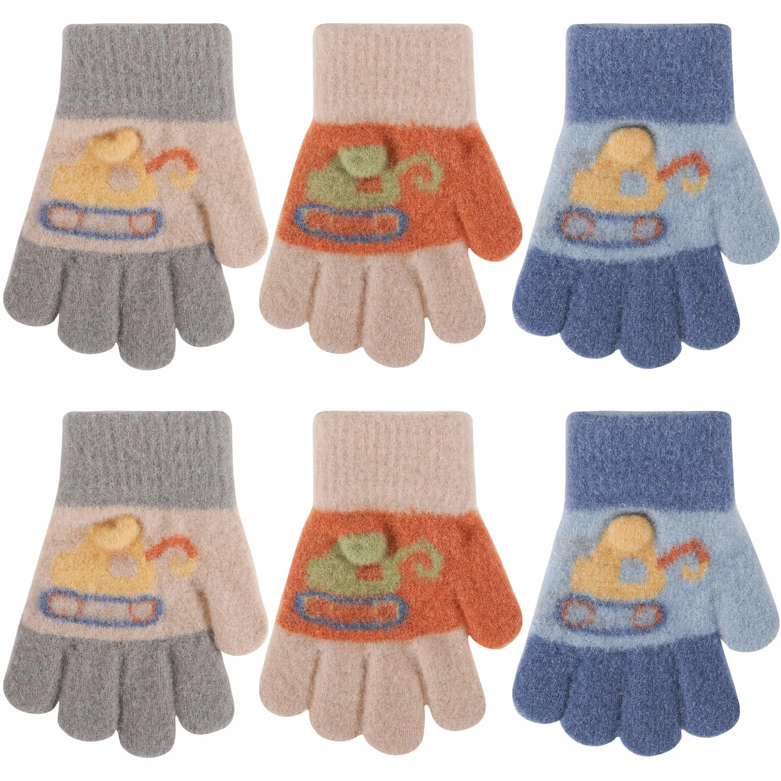 QKURT Guanti magici per bambini motivo a escavatore 3 paia guanti invernali termici elasticizzati dita intere 1-3 anni