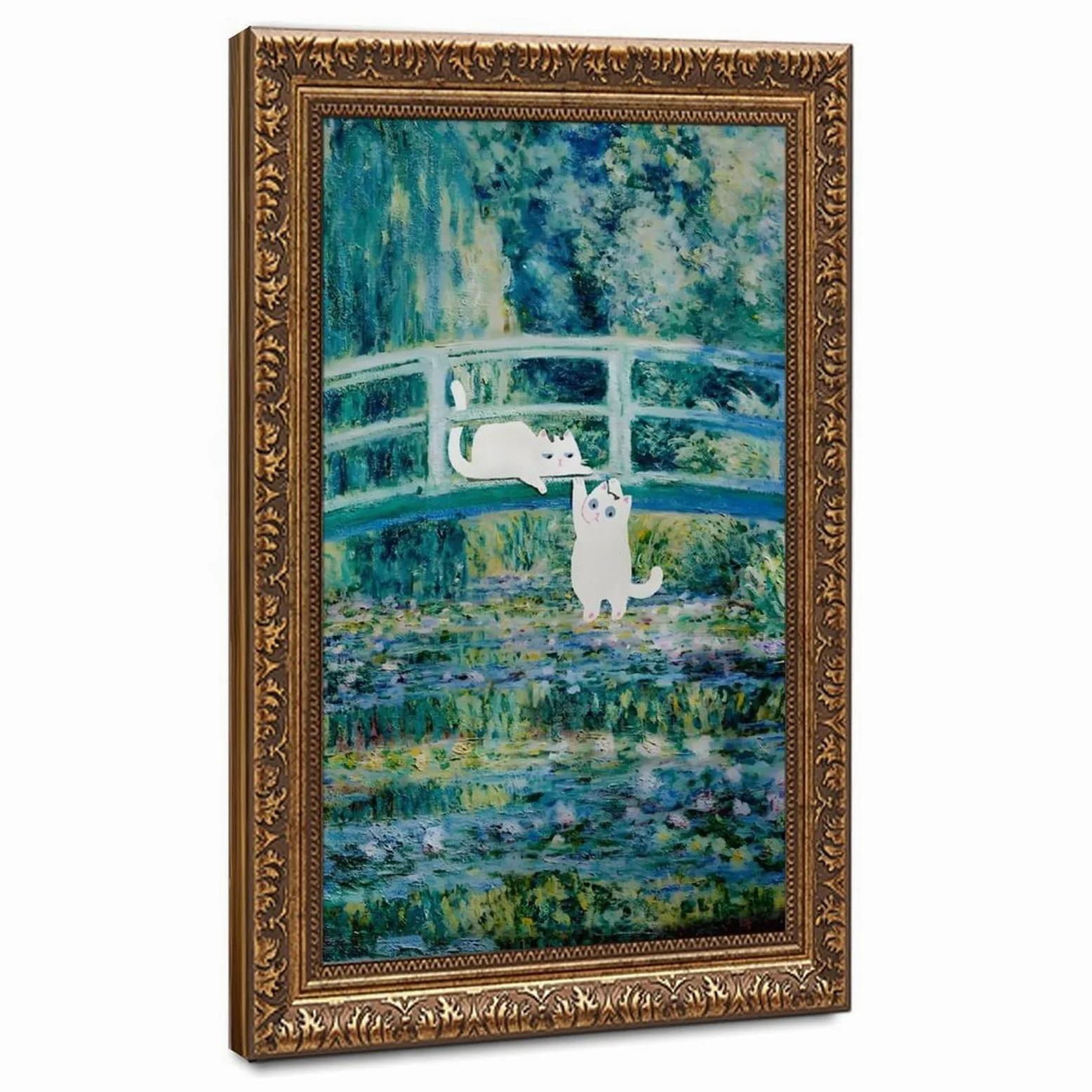 Poster divertente su tela con laghetto con ninfee di gatto, decorazione artistica da parete per soggiorno, camera da letto, decorazione retrò con cornice dorata: 50,8 cm di lunghezza x 76,2 cm di