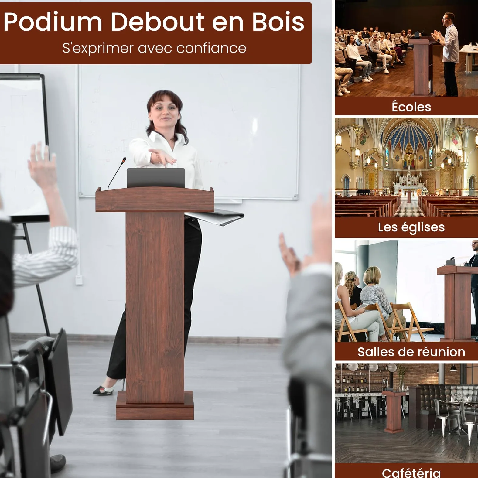 uyoyous Podio in piedi in legno, podio di presentazione sedia di chiesa leggio in piedi portatile per sala di classe ufficio, conferenza, sala da pranzo, ricevimento, 60 x 40 x 120 cm