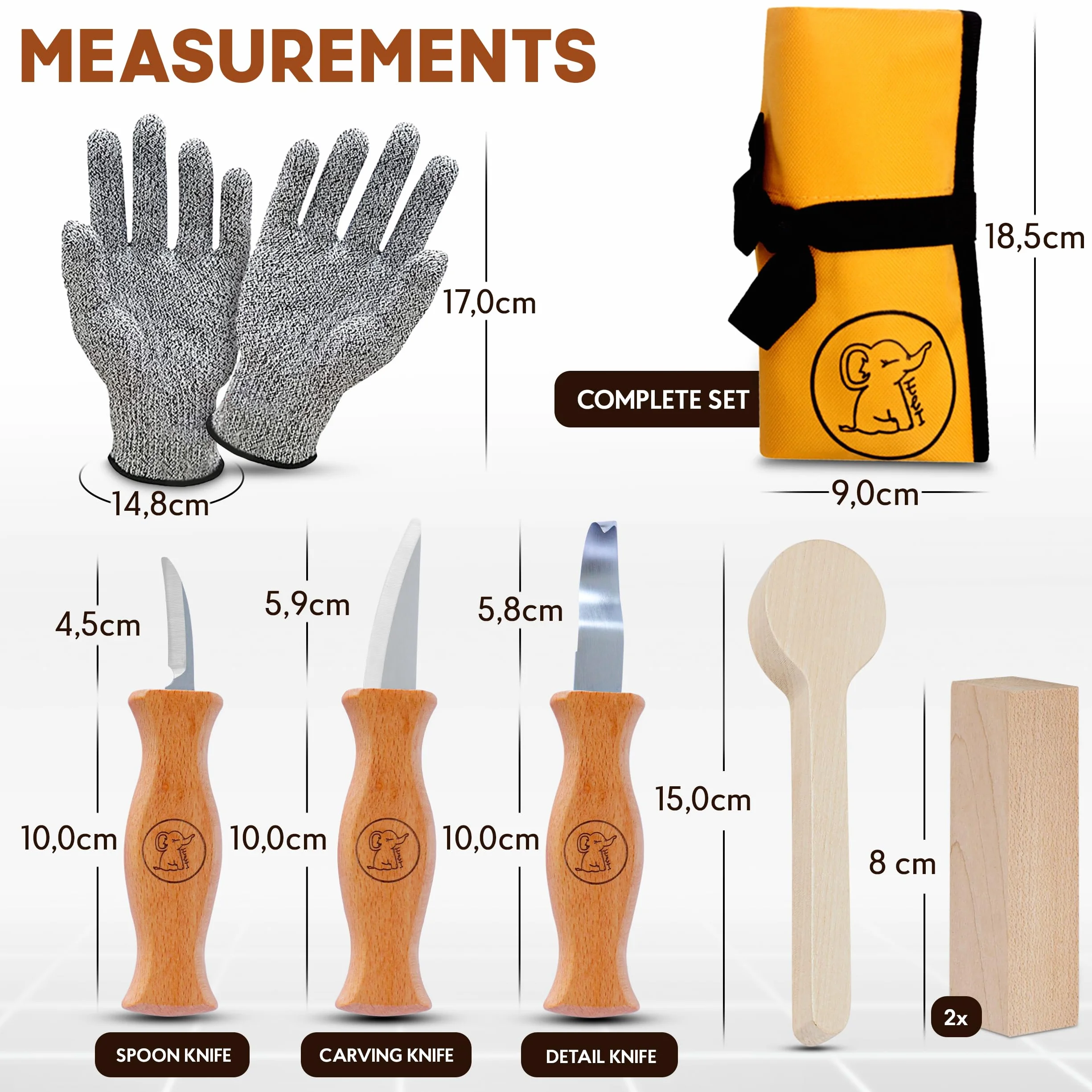 Eli®Set di coltelli da intaglio per bambini a partire da 6 anni, set di coltelli da intaglio per bambini di alta qualità da 8 pezzi, inclusi guanti, utensili da intaglio, legno di tiglio