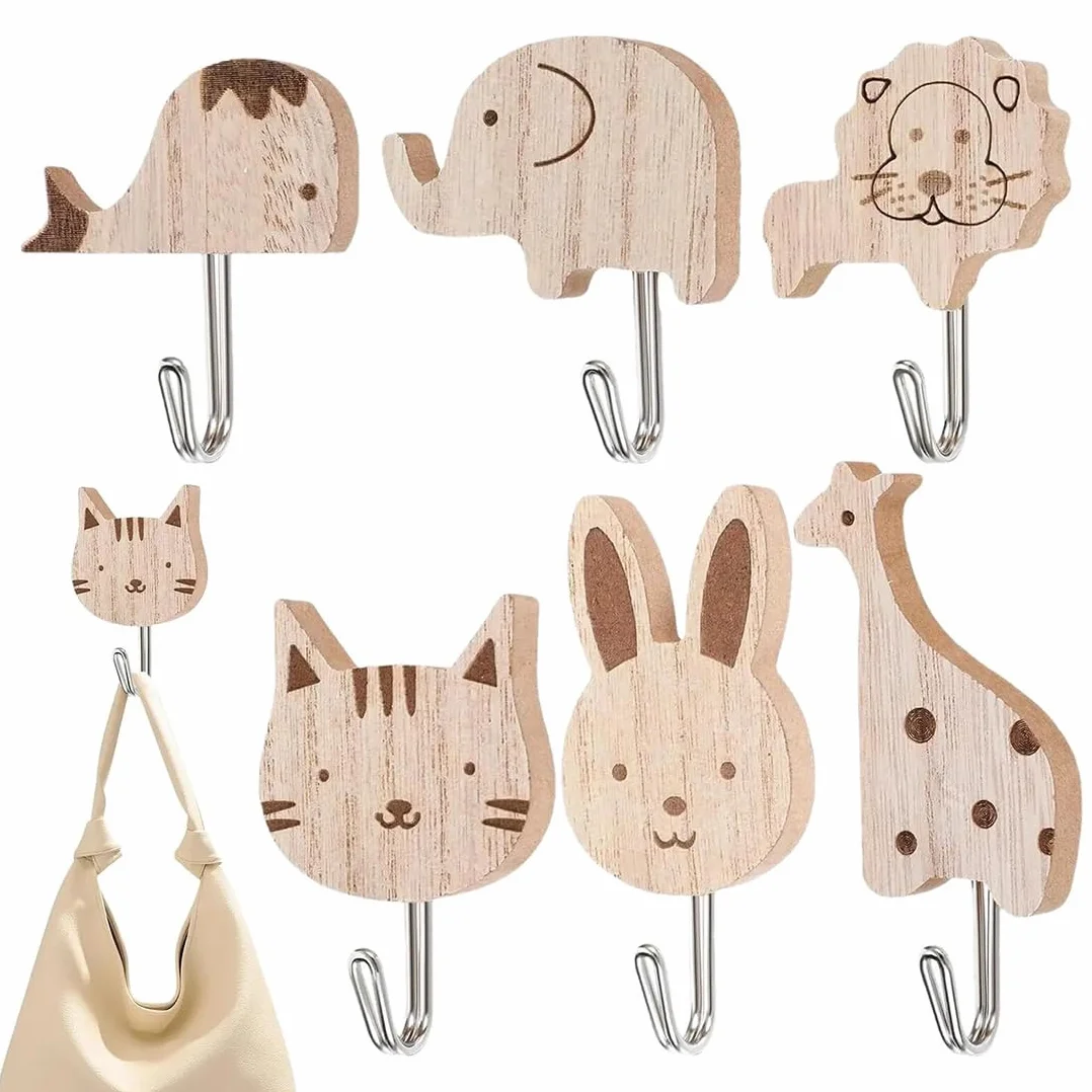 Ganci Autoadesivi per Bambini a Forma di Animale, Ganci in Legno, Appendini per Asciugamani e Cappelli, Set da 6 Pezzi per Bagno e Camera