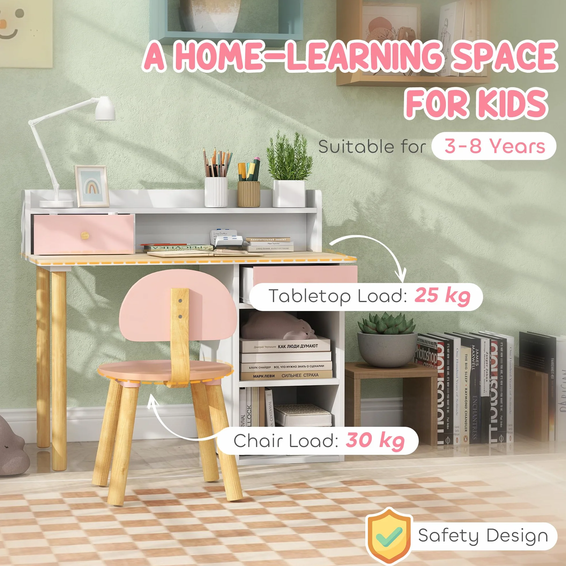 AIYAPLAY Set di scrivania e sedia per bambini, tavolo da studio per bambini con conigliera, portaoggetti, cassetto, scaffali, per studiare, leggere, disegnare, per età 3-8 anni, rosa