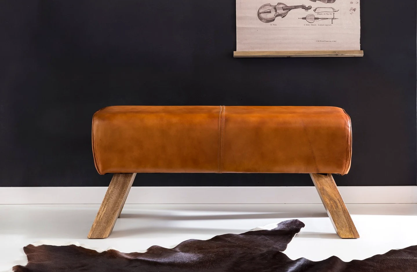 FineBuy Panchina da Interno 90x43x30 cm Vera Pelle/Legno Massiccio Panchetta | Panca da Cucina | Panche Corridoio Imbottita Rustica