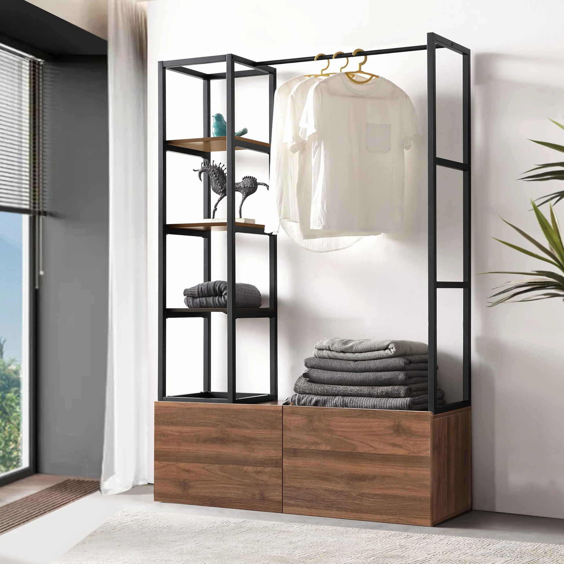 [en.casa] Armadio Aperto per Guardaroba Porta Abiti da Camera Appendiabiti da Terra 180 x 120 x 40 cm Mobile Organizzatore con Cassetti Ripiani e Asta Barra - Color Noce/Nero