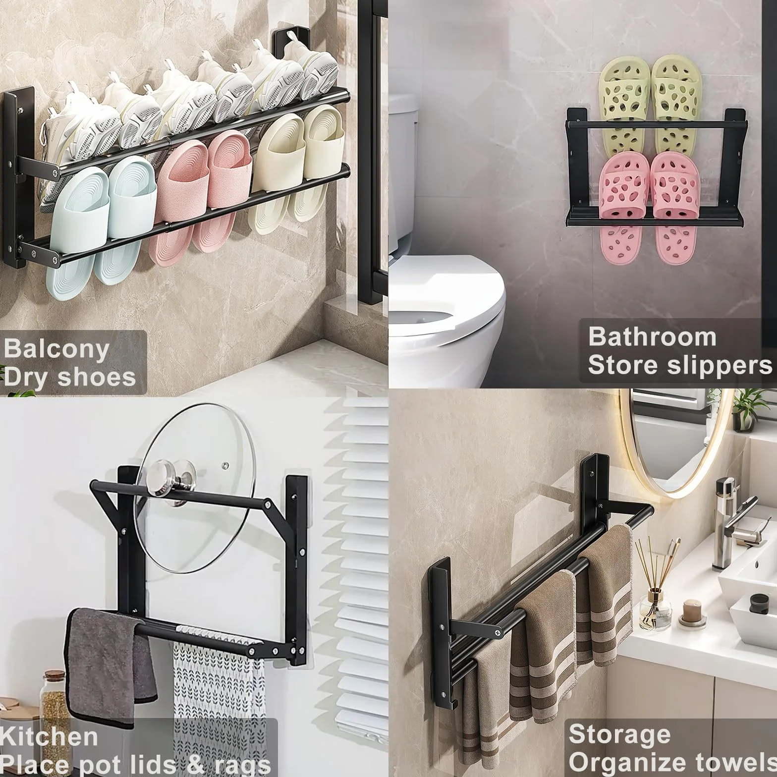 Porta Scarpe da Appendere, Scarpiera Pieghevole in Metallo, Scarpiera da Parete 2 Livelli per 6 Paia, Allungabile 37-67cm, Portascarpe Salvaspazio per porta, Camper, Bagno, Nero
