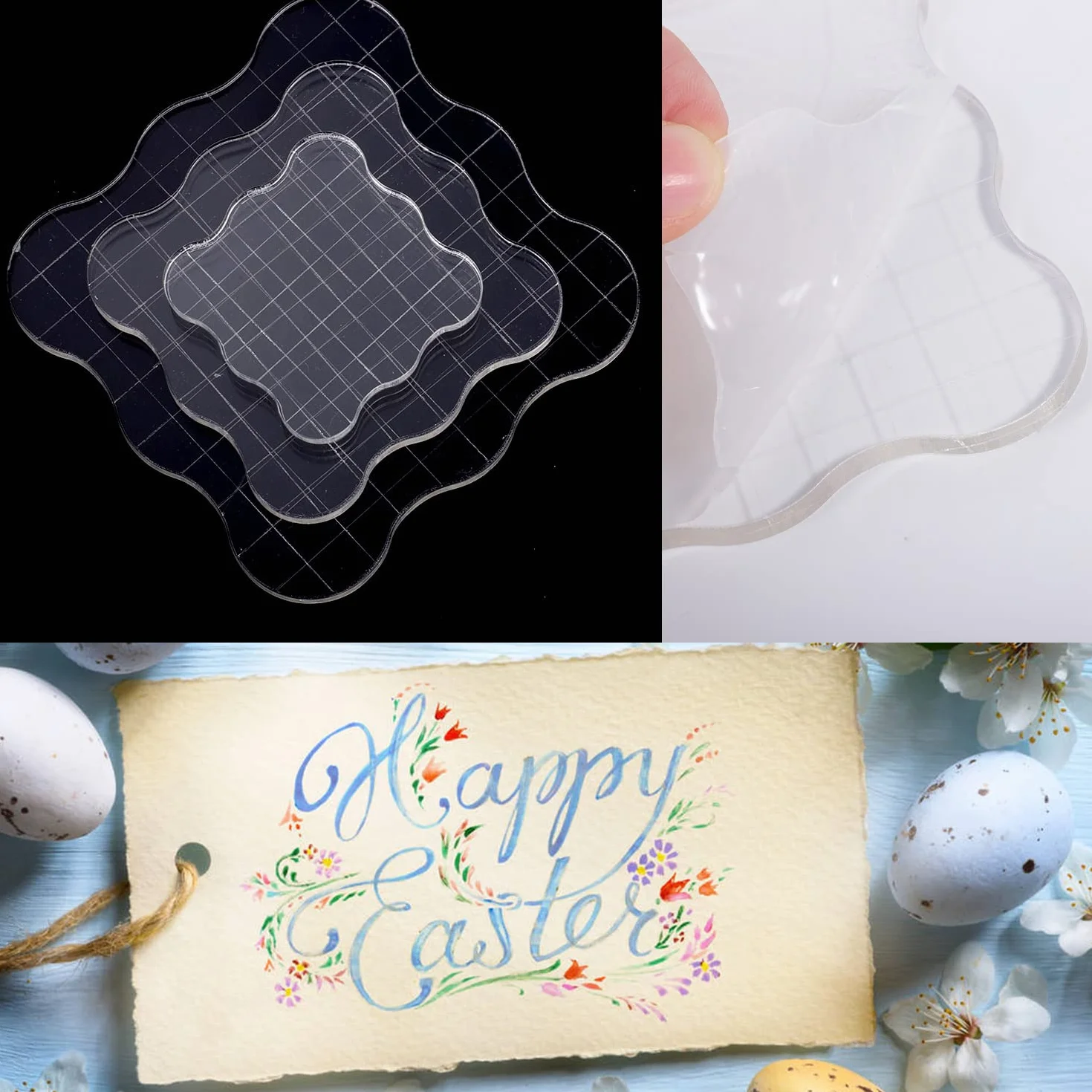 Set di 3 Blocchi per Timbri Trasparenti, Blocco Acrilico per Timbri con Griglia Timbri Trasparenti per Scrapbooking Album Fotografici Artigianato