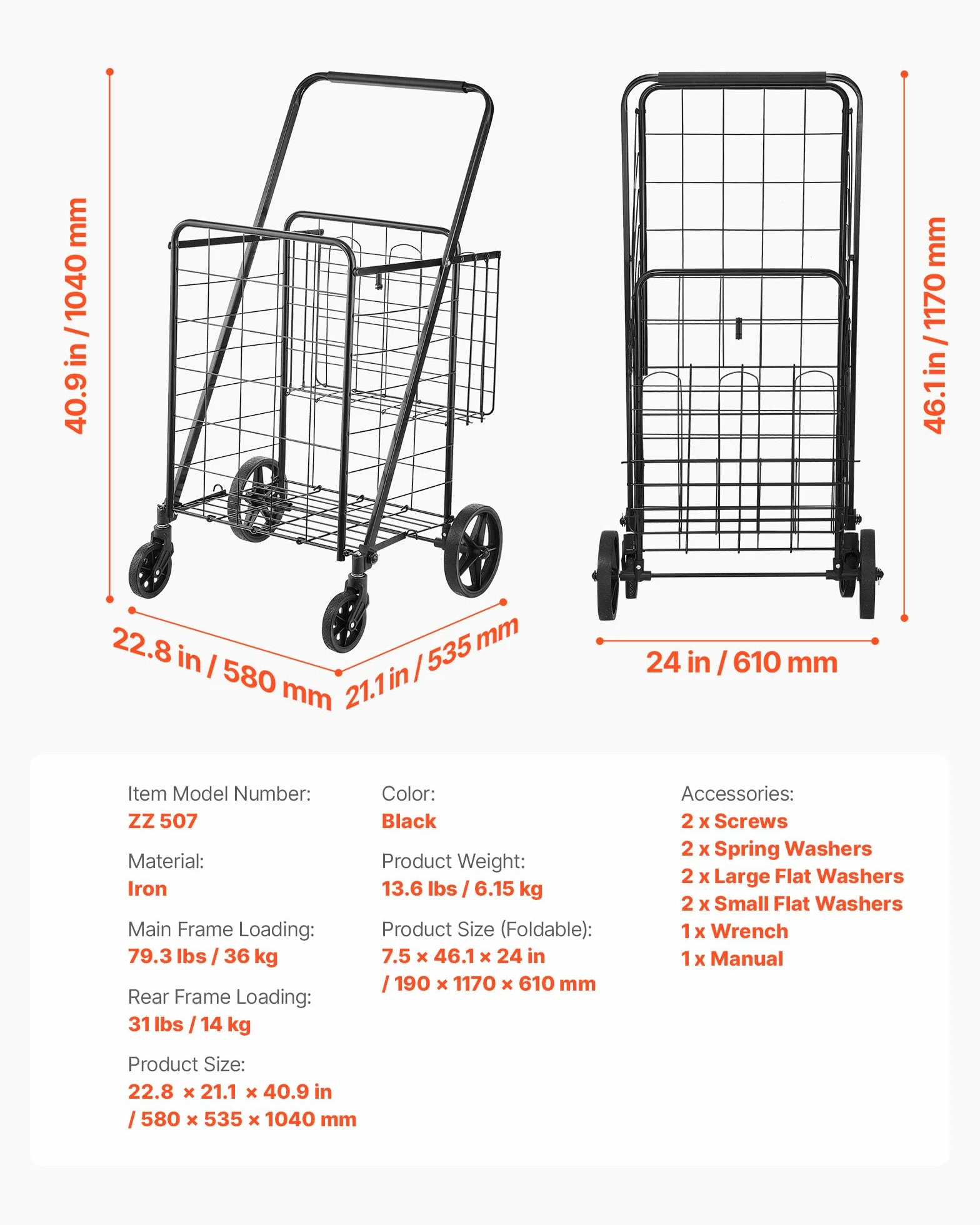 VEVOR Carrello Portabiancheria con 4 Ruote Portabiancherio di Lavanderia, Cesto Posteriore, Carico Max. 50kg, Carrello 6,21kg