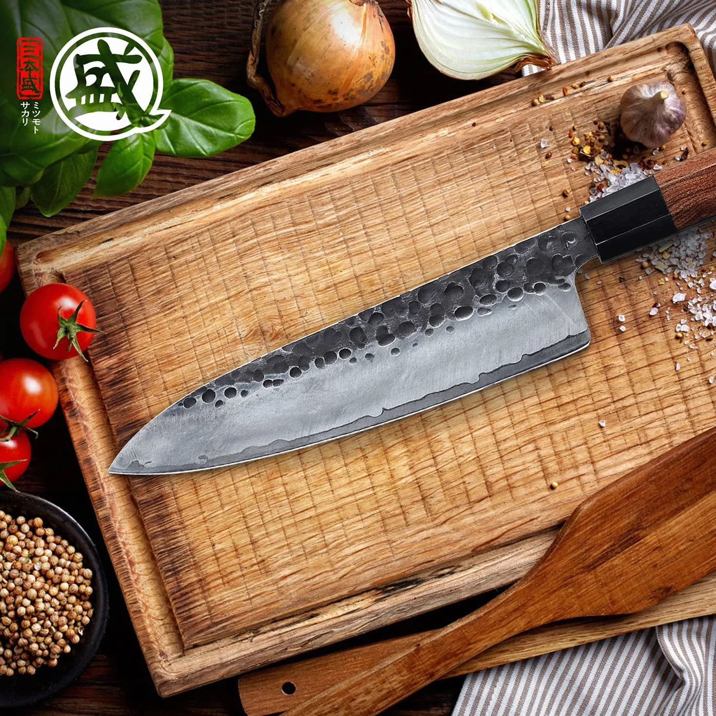 MITSUMOTO SAKARI Coltello da Cucina Giapponese 20 cm Forgiato a Mano Acciaio ad Alto Carbonio