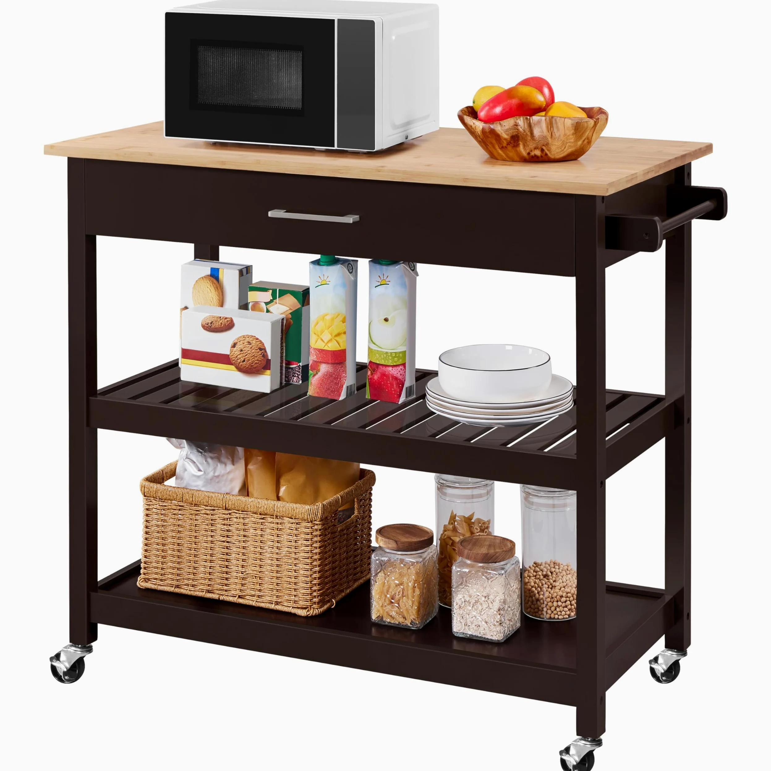 Yaheetech Carrello da Cucina a 3 Ripiani con Ruote Credenza Salvaspazio per Microonde con Cassetto per Cucina Dipensa o Bar 101,5 x 51 x 92 cm Marrone Scuro