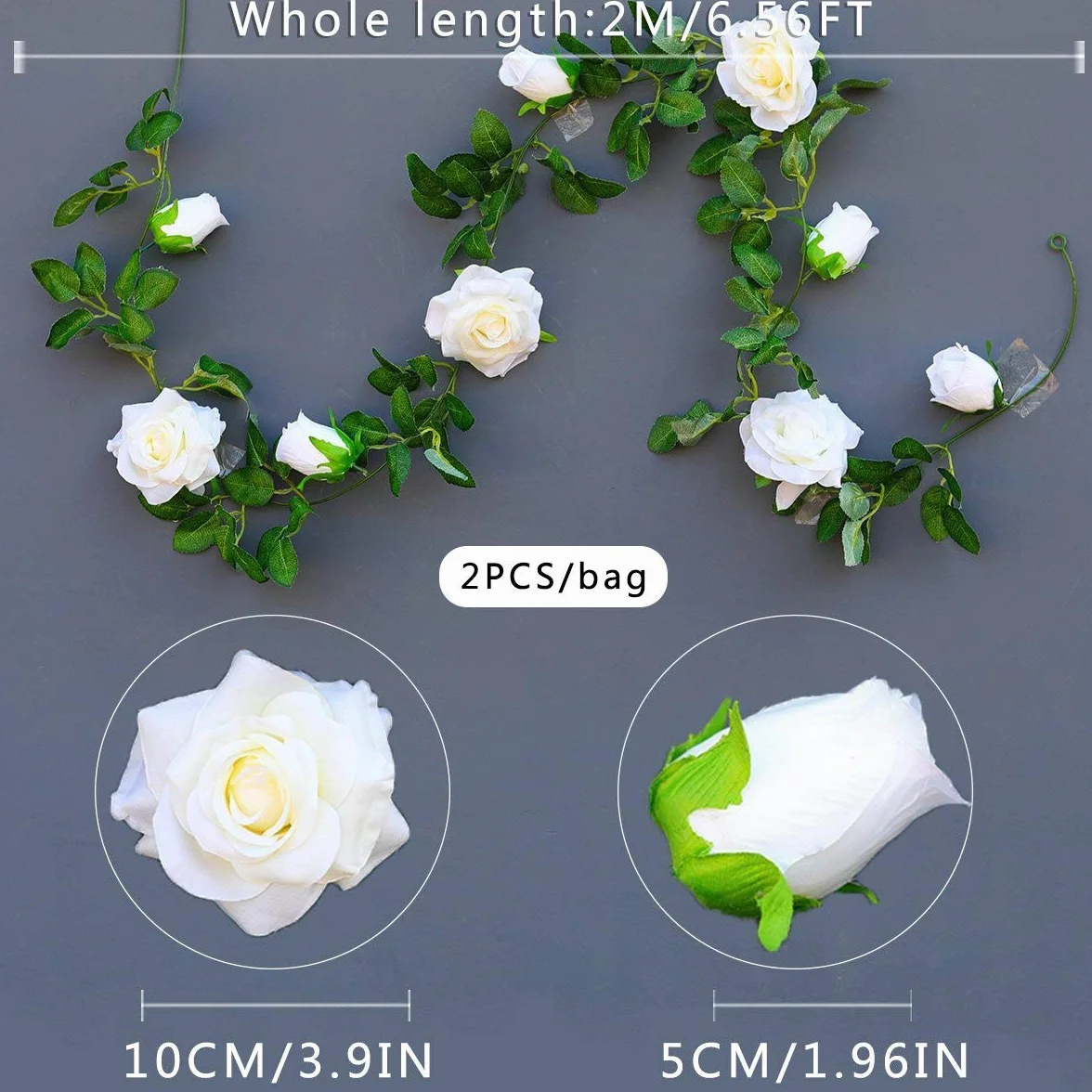 Ghirlanda di Rosa Artificiali Fiori di Seta Vite Finta Sospeso Rose Edera Piante per Nozze Casa Ufficio Arco Preparativi Decorazione (2 Pezzi, 9 Fiori -Bianca)