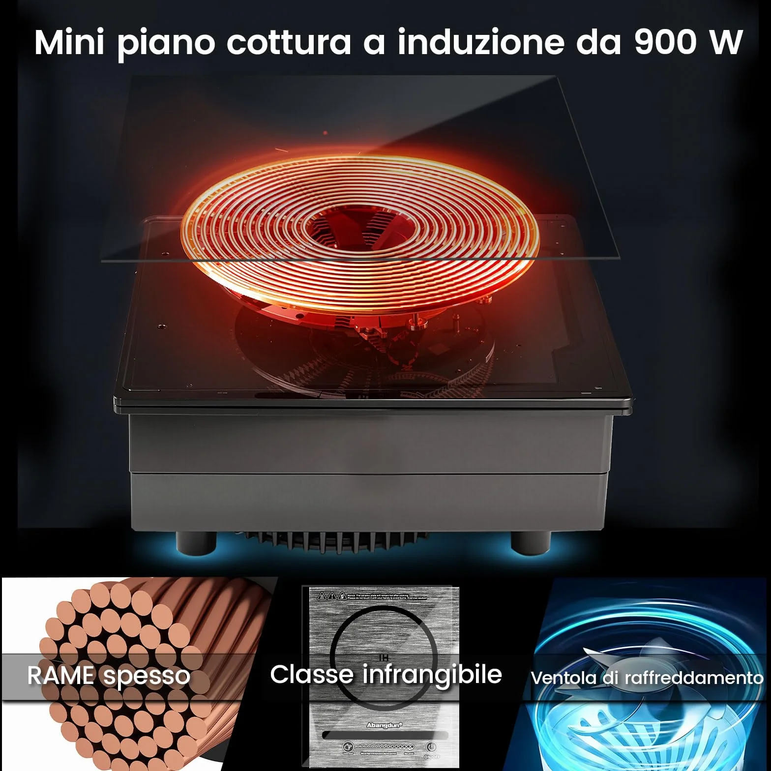 Mini piastra a induzione portatile 900W, piano a induzione 1 fuoco con 5 livelli di potenza, 100-900 Watt piastra elettrica per rimorchi da campeggio, campeggio