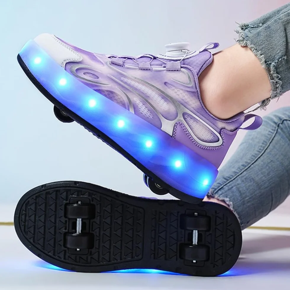 Scarpe con Rotelle per Bambini 2 in 1, Scarpe da Skateboard Sportive con 4 Ruote Rimovibili, Sneakers Unisex Brillare di Notte
