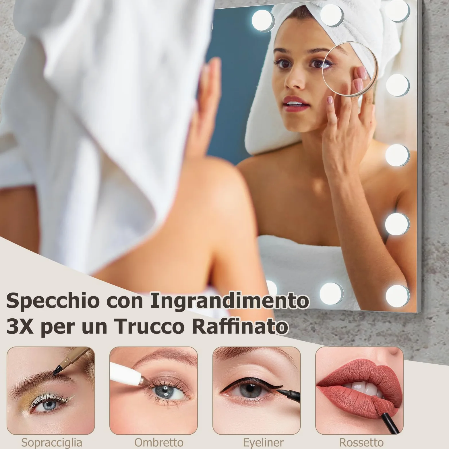 RELAX4LIFE Specchio Trucco con Luci 65 x 52,5 cm, Specchio Cosmetico da Parete/Tavolo con 18 Lampadine, 3 Colori di Luce, 4 Luminosità Regolabile, Touch Screen, per Camera da Letto (65 x 52,5 cm)