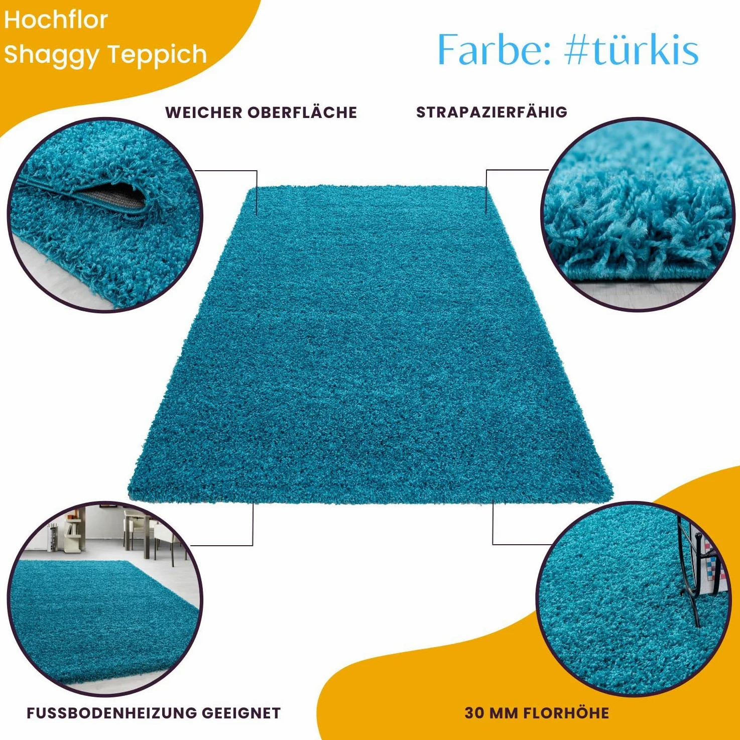 Teppium Moderno Tappeto Salotto Grande 300x400 cm Turchese - Shaggy Tappeto per scendiletto Camera da Letto, Cucina y Soggiorno - Tappeto Morbido y Fluffy, Monocromatico, facile manutenzione