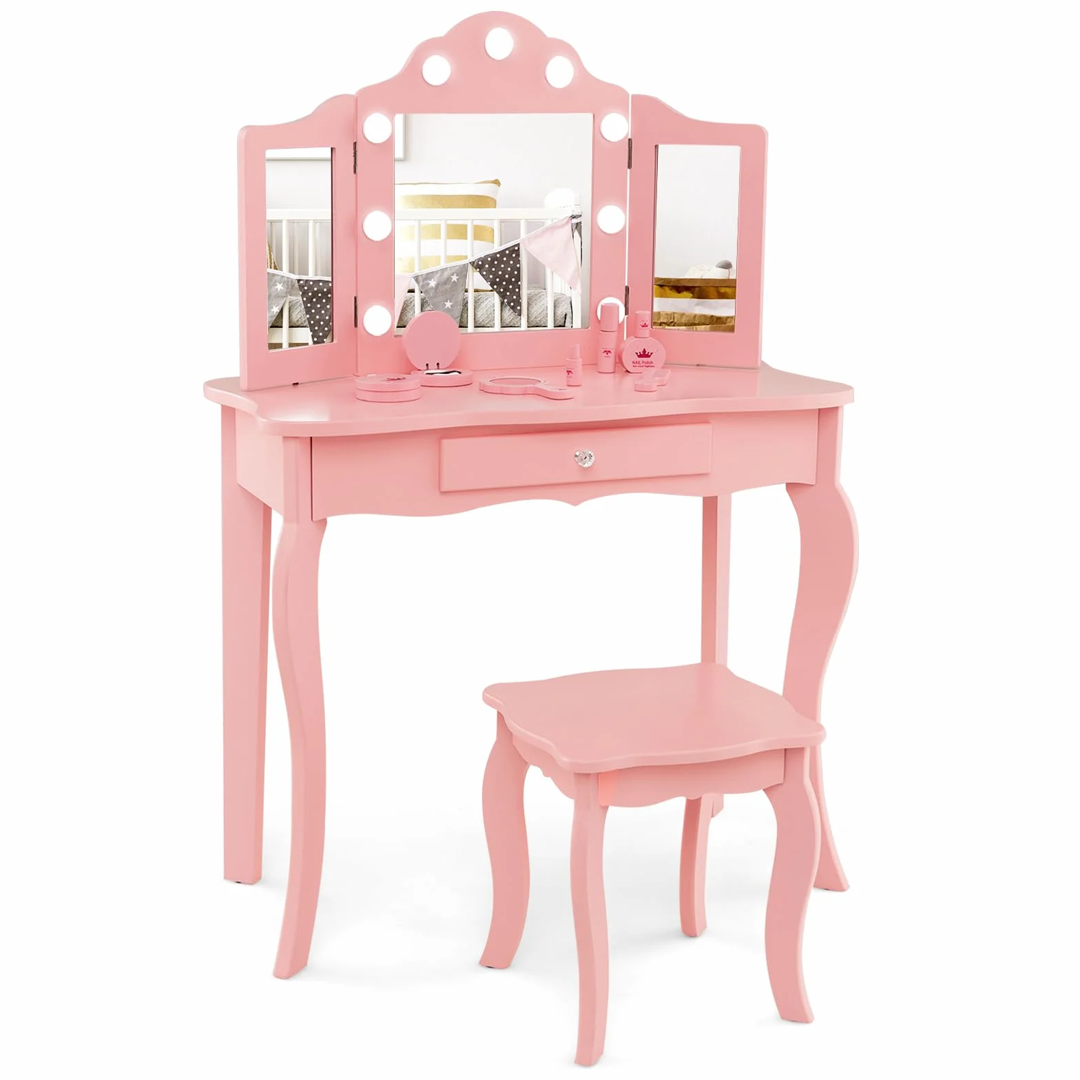 COSTWAY Toeletta Trucco 2 in 1 per Bambina, Specchiera Staccabile per Ragazza in Legno con Sgabello, Cassetto, Ripiani e Giocattoli, Postazione Trucco per 3 Anni, 70 x 34 x 103 cm (Rosa)