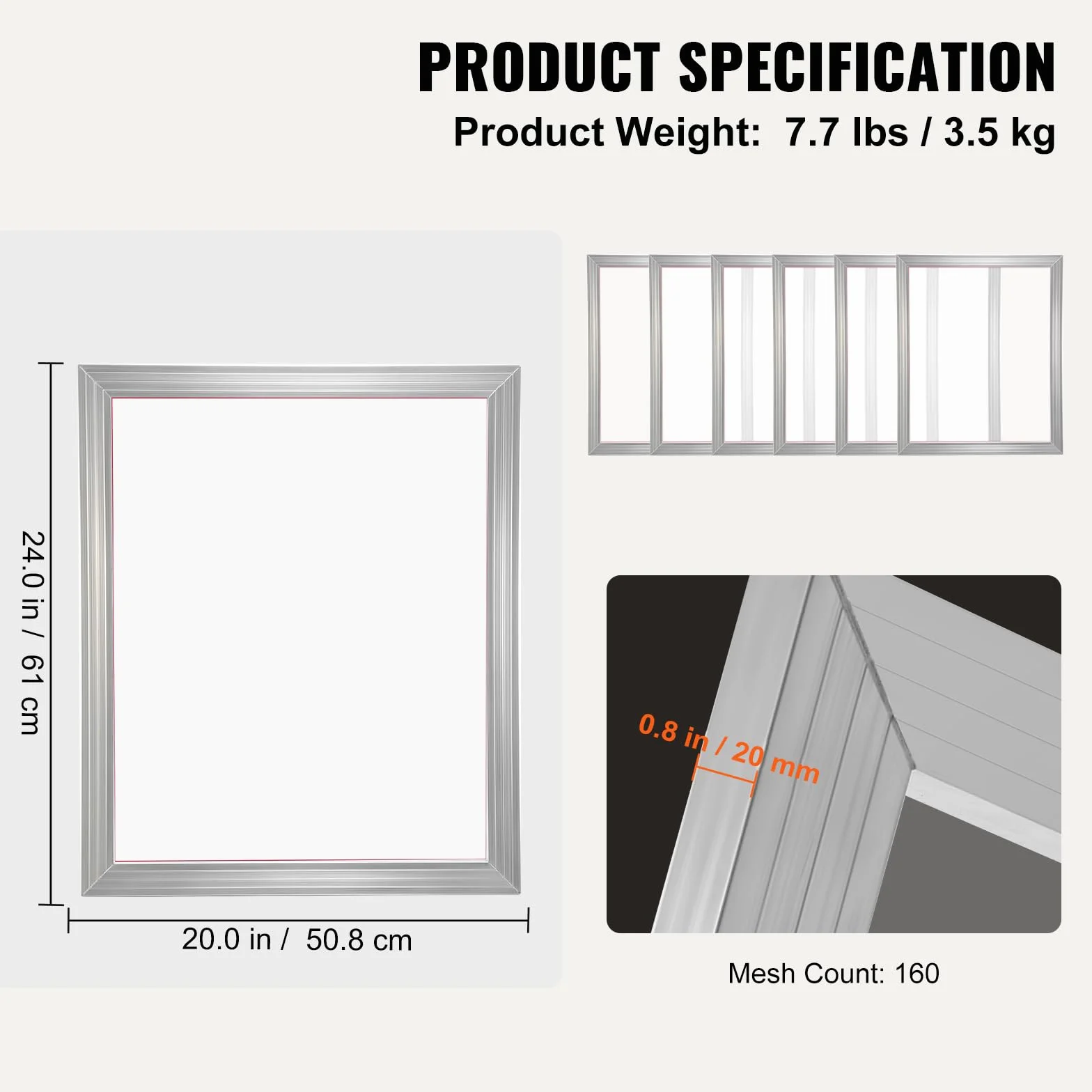 VEVOR Kit Telaio Stampa Serigrafica Lega Alluminio 50,8 x 61 cm 160 Maglie 6 Pezzi Spessore 2,5cm