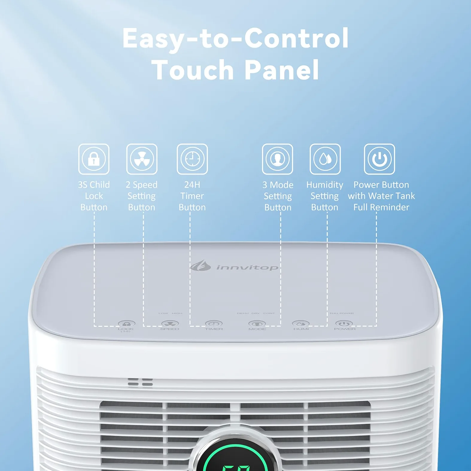 Innvitop Deumidificatore Casa Muffa 16L/24h con Display Digitale Dell'umidità, Deumidificazione Smart, Asciugabiancheria, Timer, Tanica Estraibile, per Camera da Letto, Cantina, Lavanderia