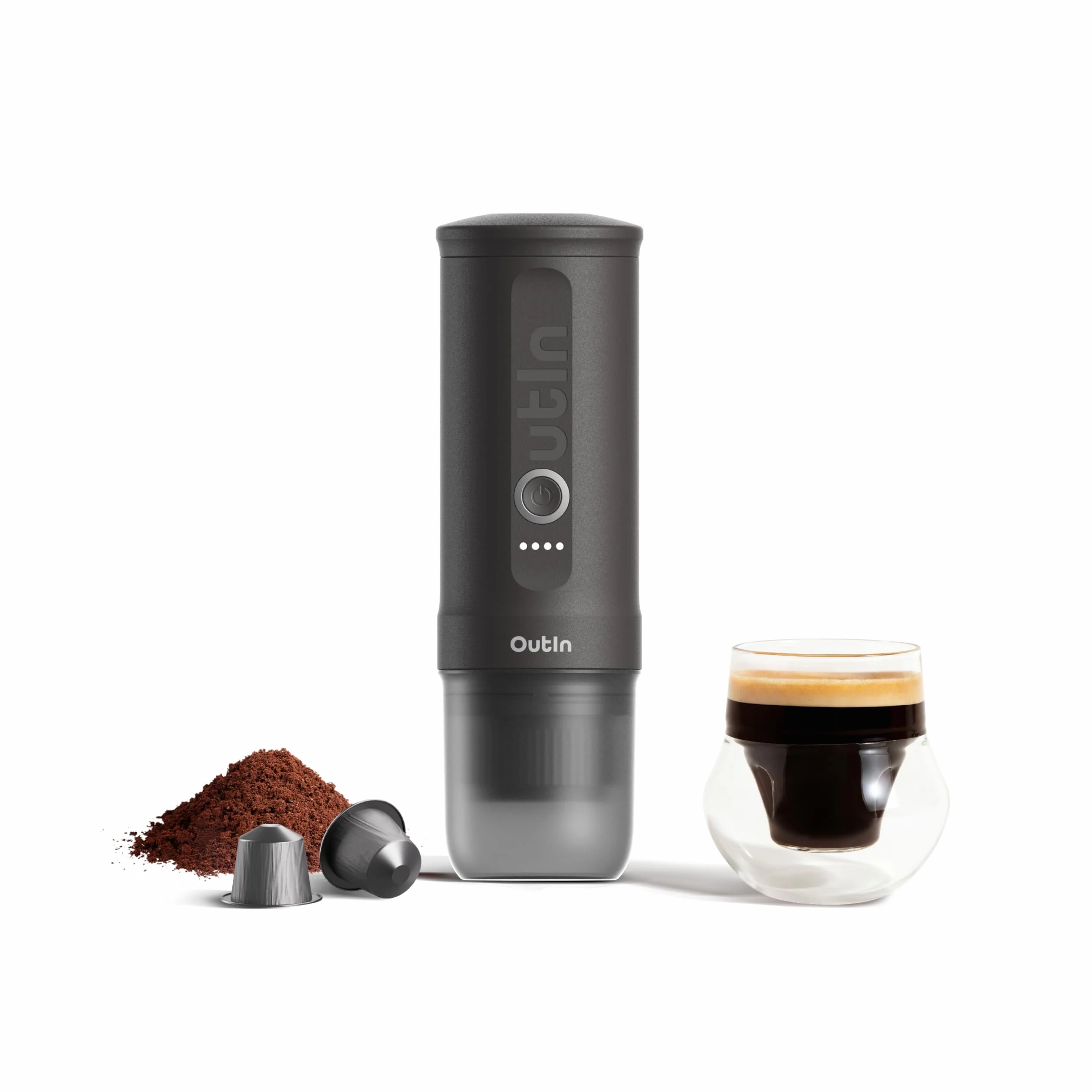 OutIn Nano Macchina da caffè espresso elettrica portatile, caffettiera da viaggio per il campeggio, caffettiera da auto auto-riscaldamento con USB-C, con caffè macinato e capsula NS
