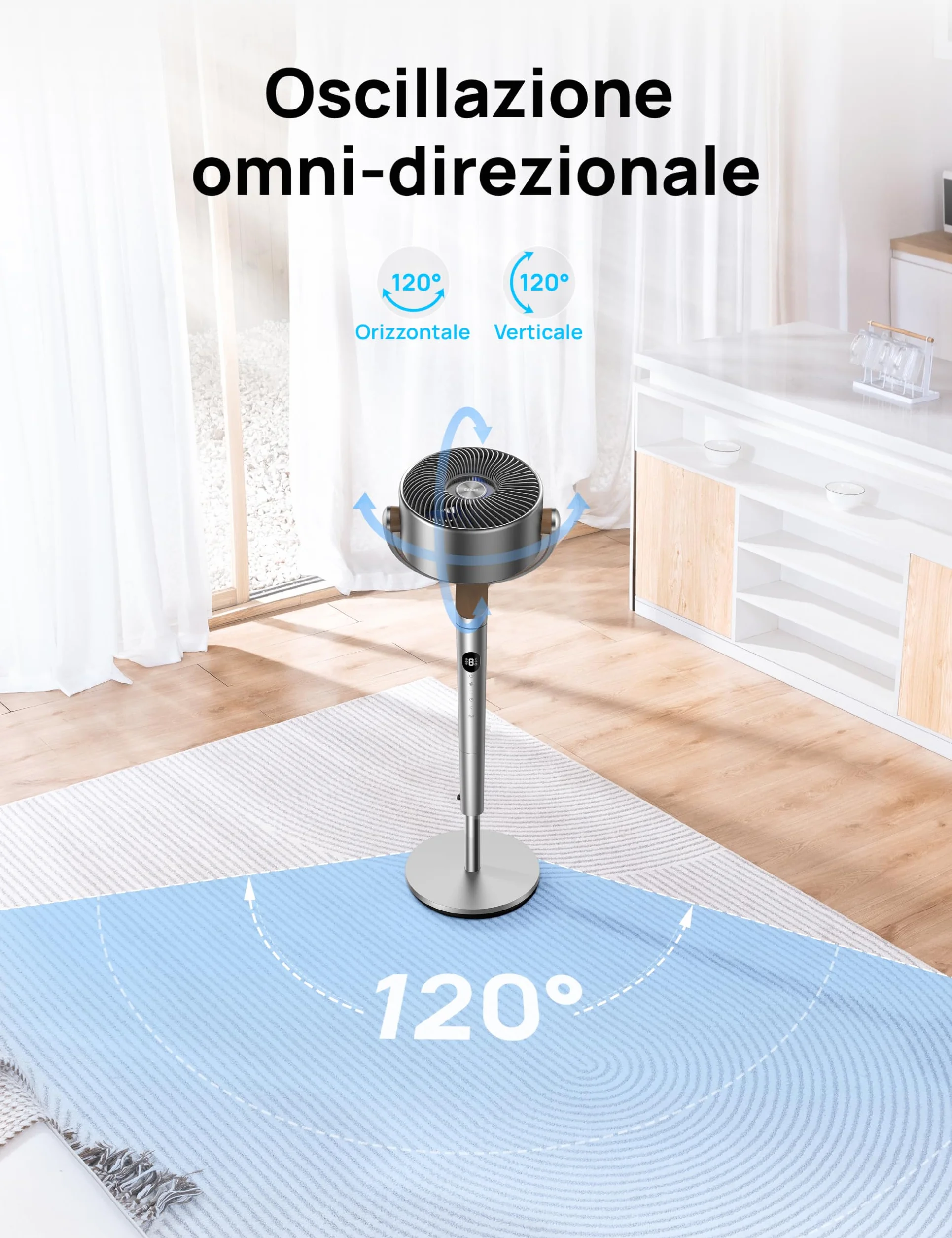 DREO 23dB Ventilatore a Piantana silenzioso, 120°+120°Omni-directional Oscillating Fan, Portata di 24M, Volume d'aria1200m³/h, DC Motor Quiet Standing Fans, Adjustable Height, 8 Speeds, 3 Modes