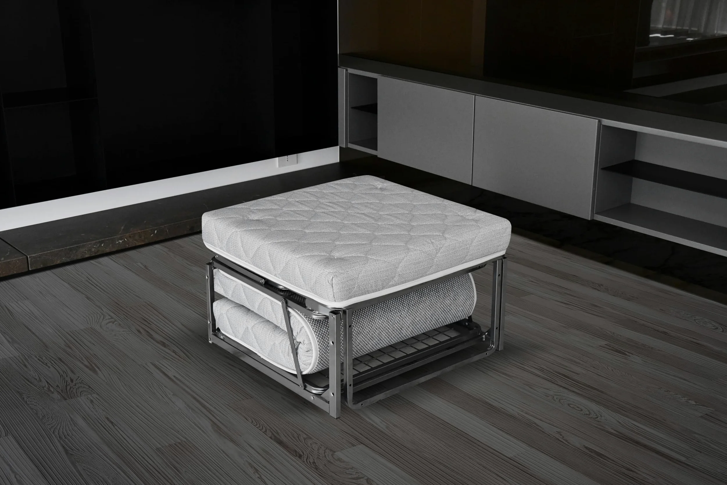 Nuvole di Sonno- Pouf Letto Reverso con Materasso in Waterfoam Alto 11 cm, Tessuto Sfoderabile e Lavabile, Rete Ortopedica Pieghevole, Salvaspazio per Camera e Soggiorno, Design Moderno Made in Italy