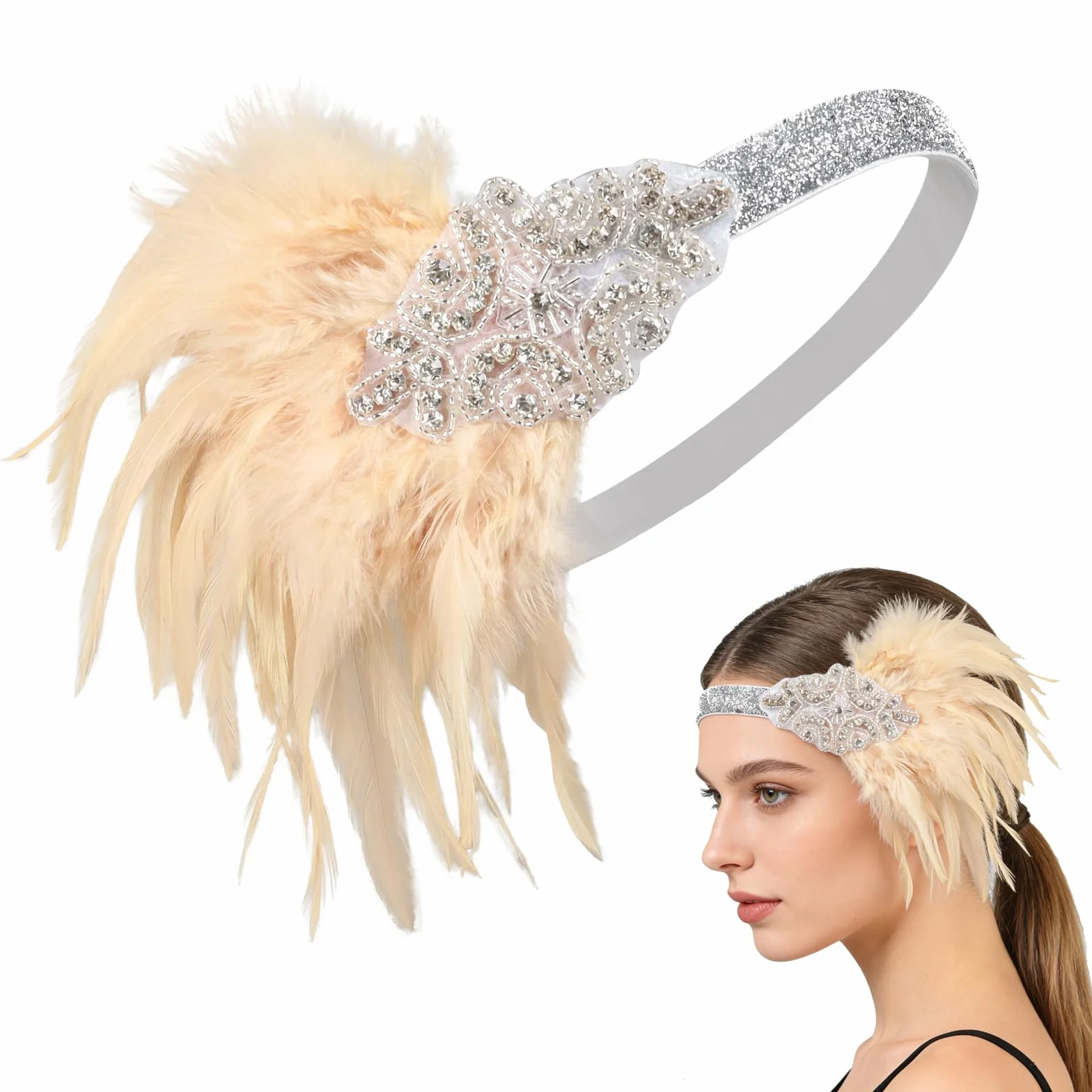 Fascia per Capelli Anni '20 Donna Accessori Gatsby con Piume Paillettes Costume Flapper 1920s