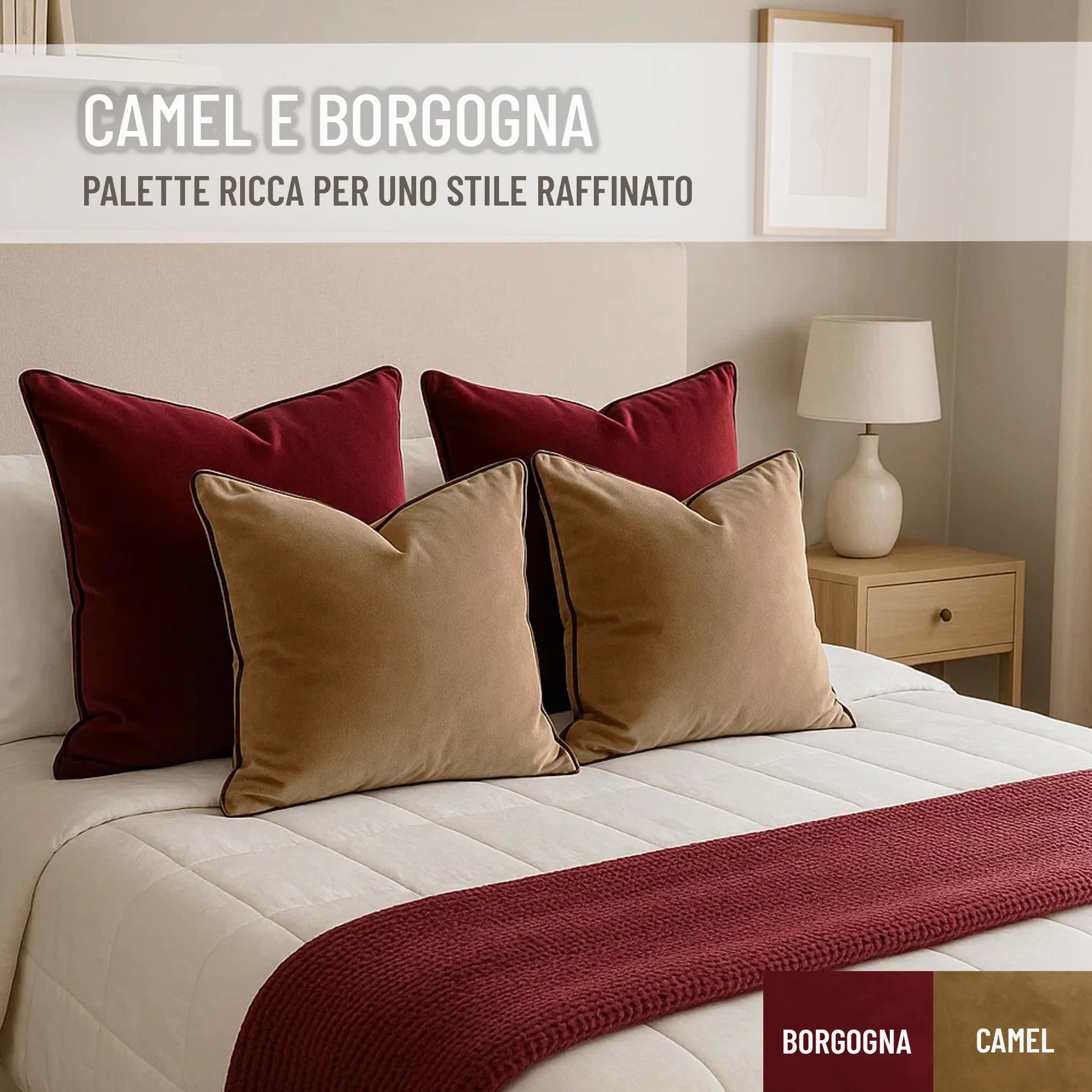 Set di 2 Fodere decorative per Cuscino. Modello OXFORD. Realizzate in velluto extra morbido. Design moderno con bordo a contrasto. Imbottitura non inclusa. (Camel/Marrone, 45x45cm)