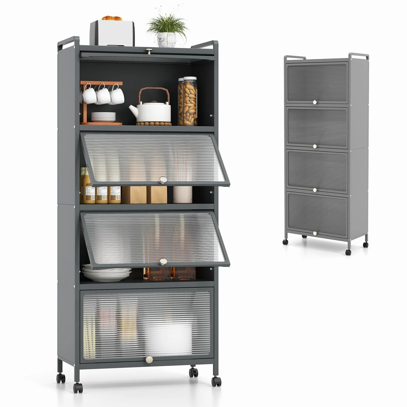 KOMFOTTEU Mobile Dispensa Cucina a 5 Livelli, Mensola Microonde con Anta a Vista, Ruote, Dispositivo Antiribaltamento, Scaffale da Cucina in Ferro per Soggiorno, Sala da Pranzo, 60x32x154cm (Grigio)