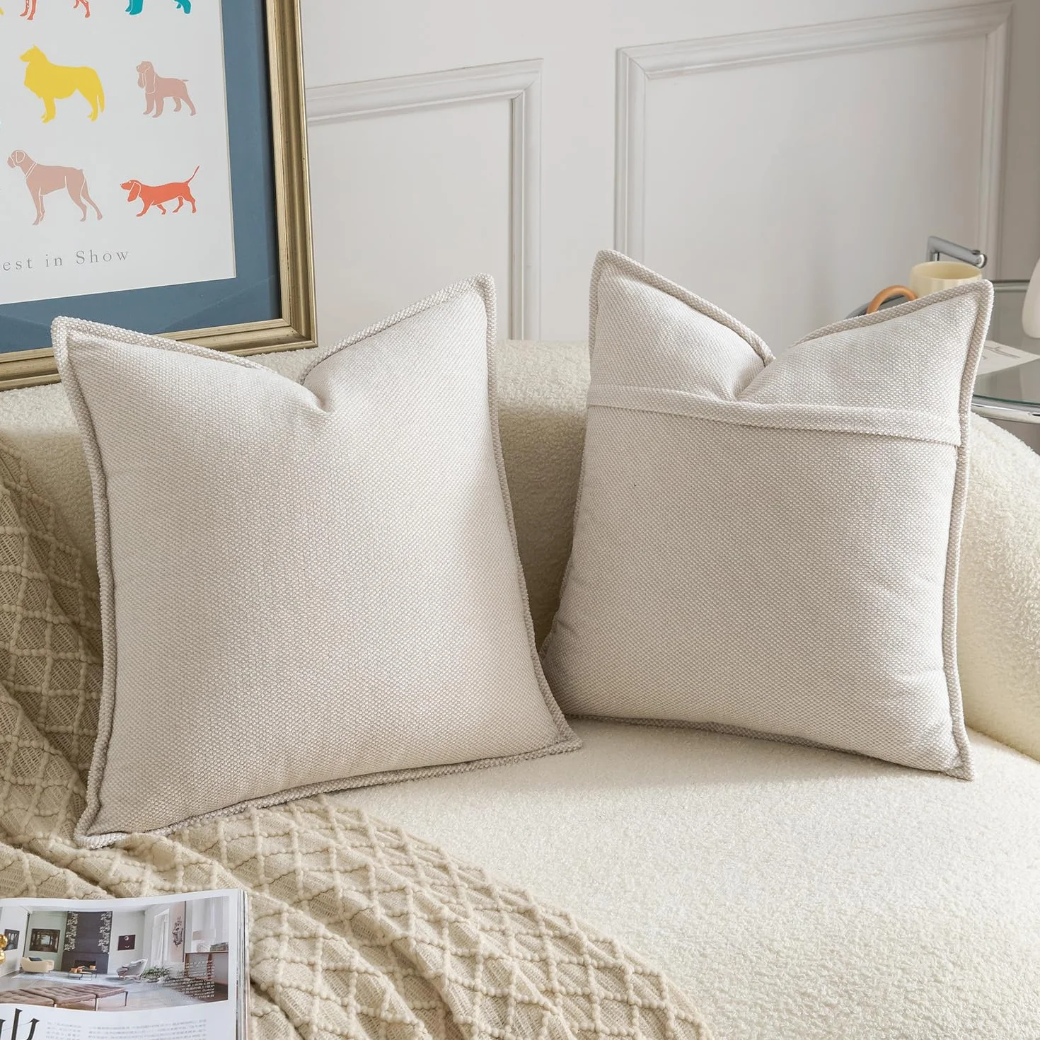 Madizz 2 Pezzi Copri Cuscini in Chenille con Bordo Decorativo Neutri Morbido Copricuscini Fodere per Cuscino Lusso Stile Arredi per Divano e Letto Beige 50x50 cm