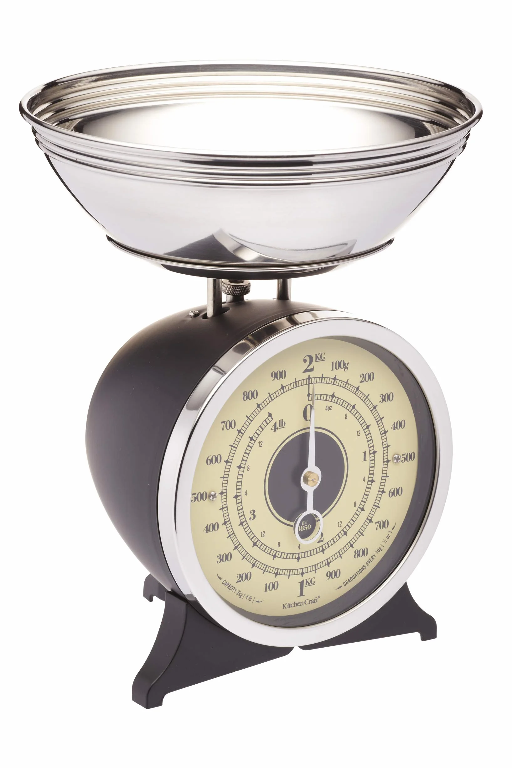 KitchenCraft Classic Collection Bilancia da Cucina Meccanica con Ciotola, Colore Nero, Capacità 2 kg
