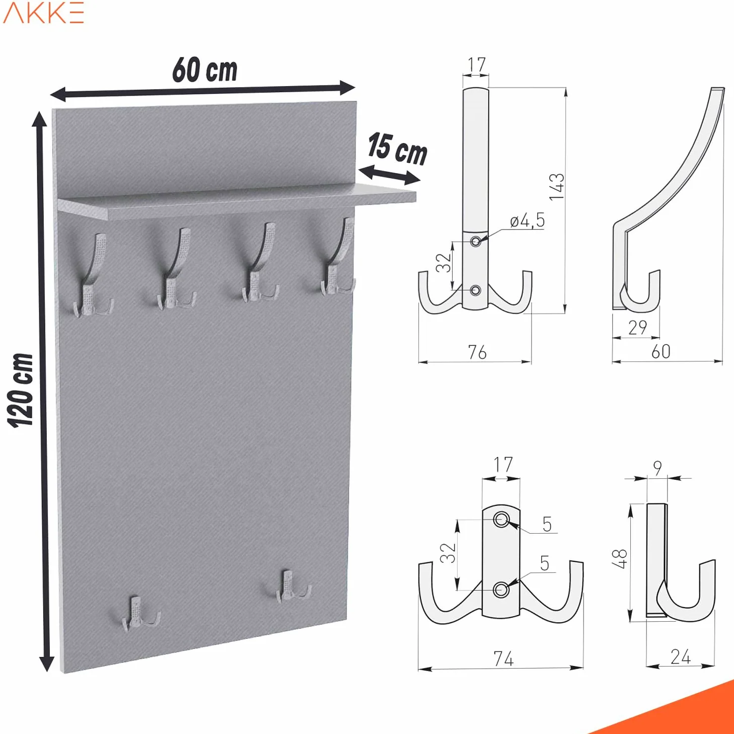 AKKE Maxi Appendiabiti Ingresso Moderno da Parete Muro Guardaroba 120cm x 60cm Sonoma/Chr.
