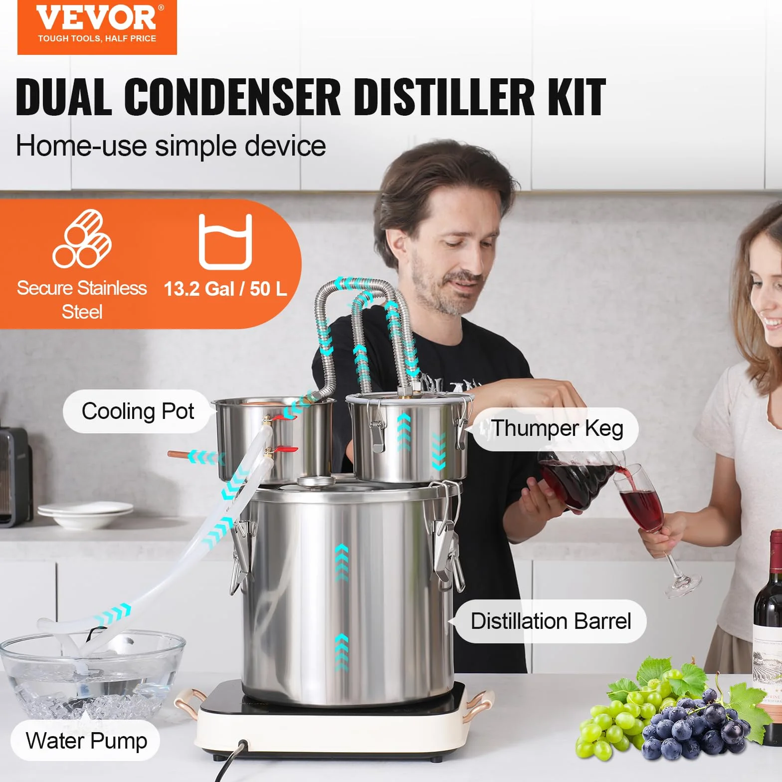 VEVOR Distillatore di Bevande Alcoliche Fusto Capienza ca. 50L Kit di Distillatore di Alcol per Raffreddamento, Set di Distillatore a Doppio Condensatore con Distillazione Secondaria Liquore Alcolico