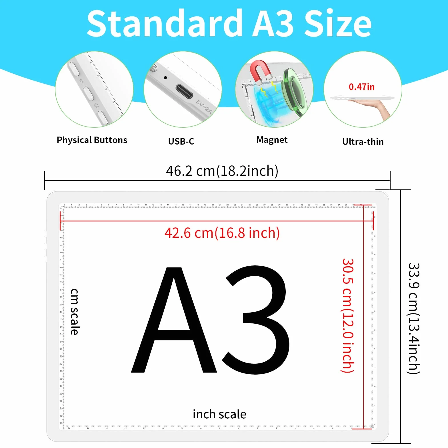 Phylosal Blocco luminoso ricaricabile A3 LED con supporto integrato, scatola luminosa magnetica per disegno