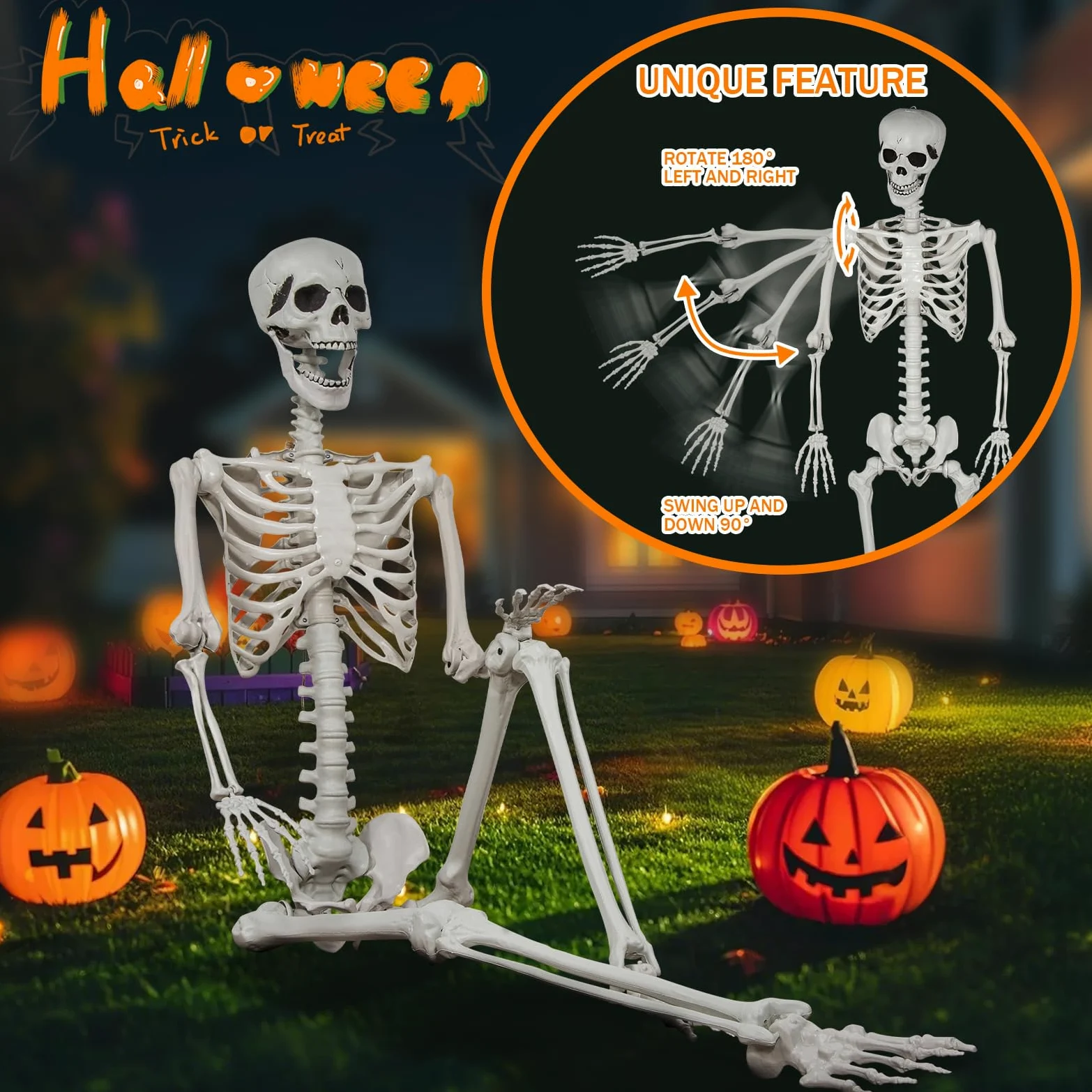 Scheletro a grandezza naturale per Halloween, 180 cm con articolazioni mobili, per decorazioni spaventose per feste di Halloween (2Pcs)