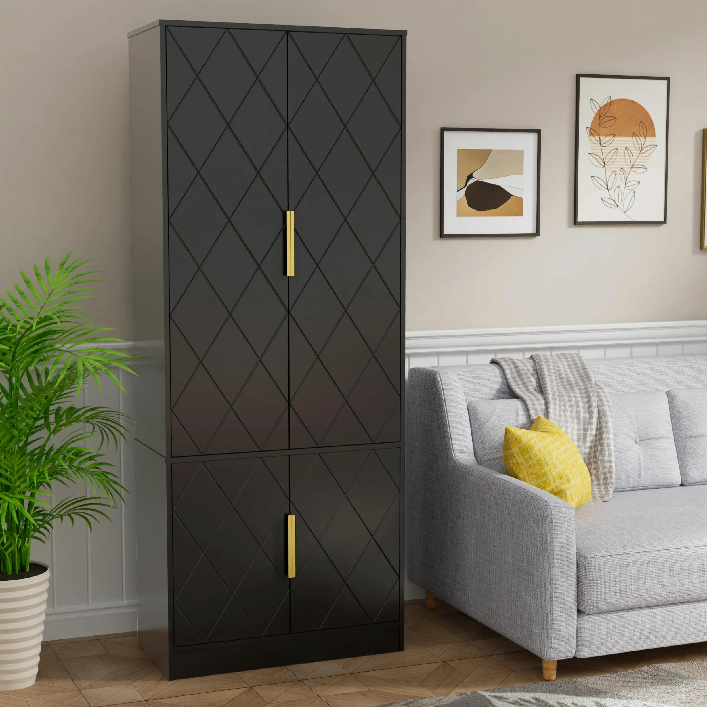 UEV Credenza Cucina Alta 150CM Design Diamante, Armadietto Highboard con 4 Ante, Grande Spazio di Archiviazione, Armadio Buffet Cucina Sicuro con Design Antiribaltamente, 60 x 30 x 150 cm, Nero