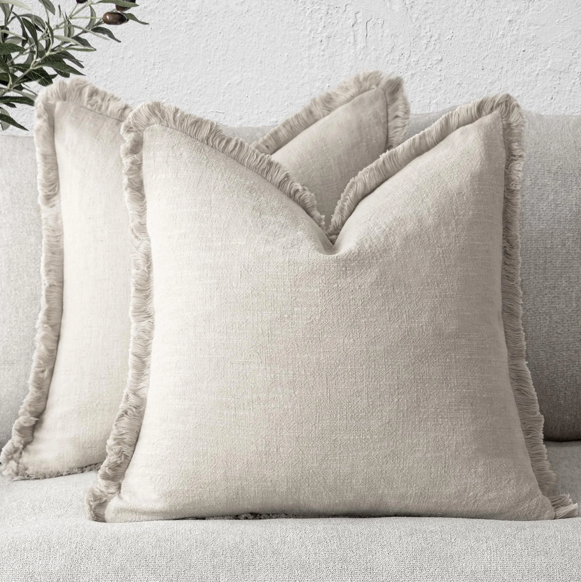 Foindtower Set di 2 federe decorative in lino con frange, accoglienti e bohémien, con nappe, morbide, per divano, letto, soggiorno, decorazione per la casa, 50 x 50 cm, beige