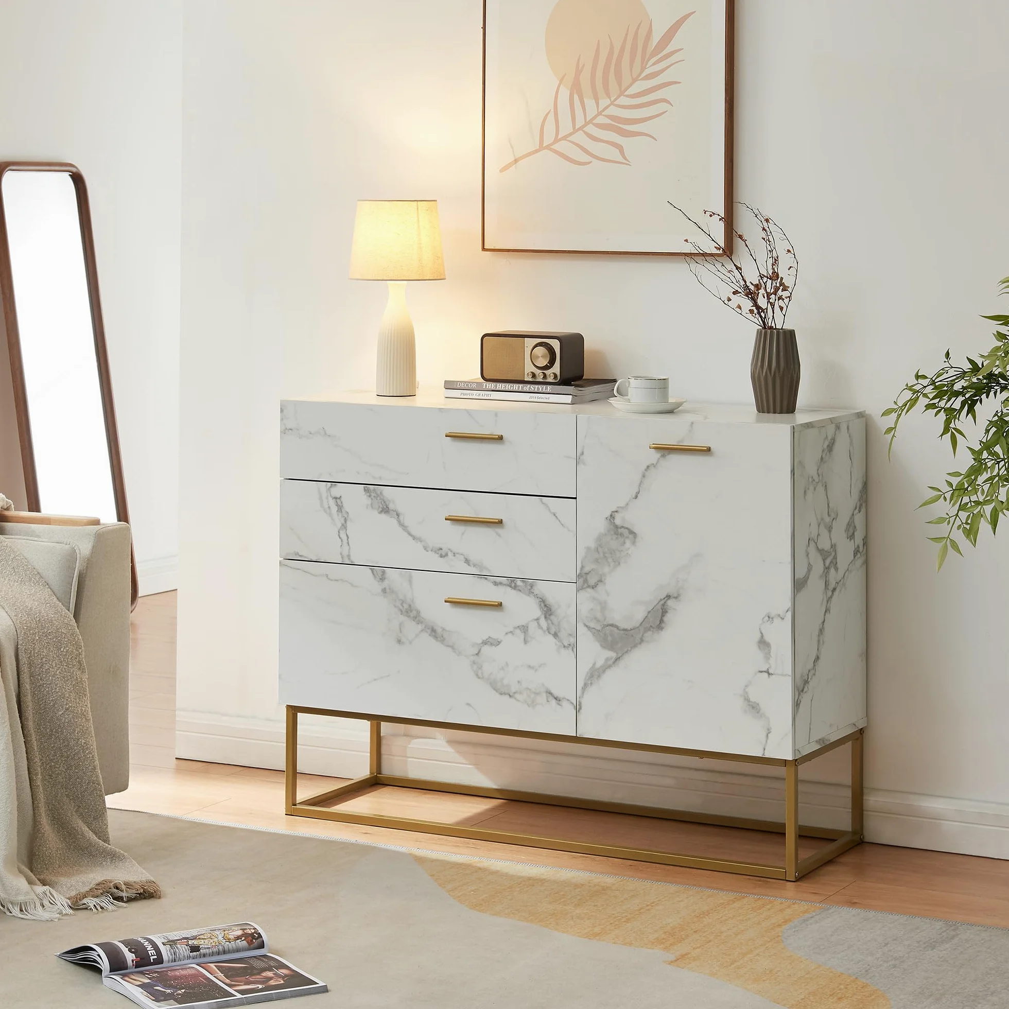 [en.casa] Comò con Anta e 3 Cassetti Armadio Basso Mobile Contenitore per Soggiorno Ingresso con Telaio in Metallo 75 x 100 x 35 cm Dorato/Effetto Marmo Bianco
