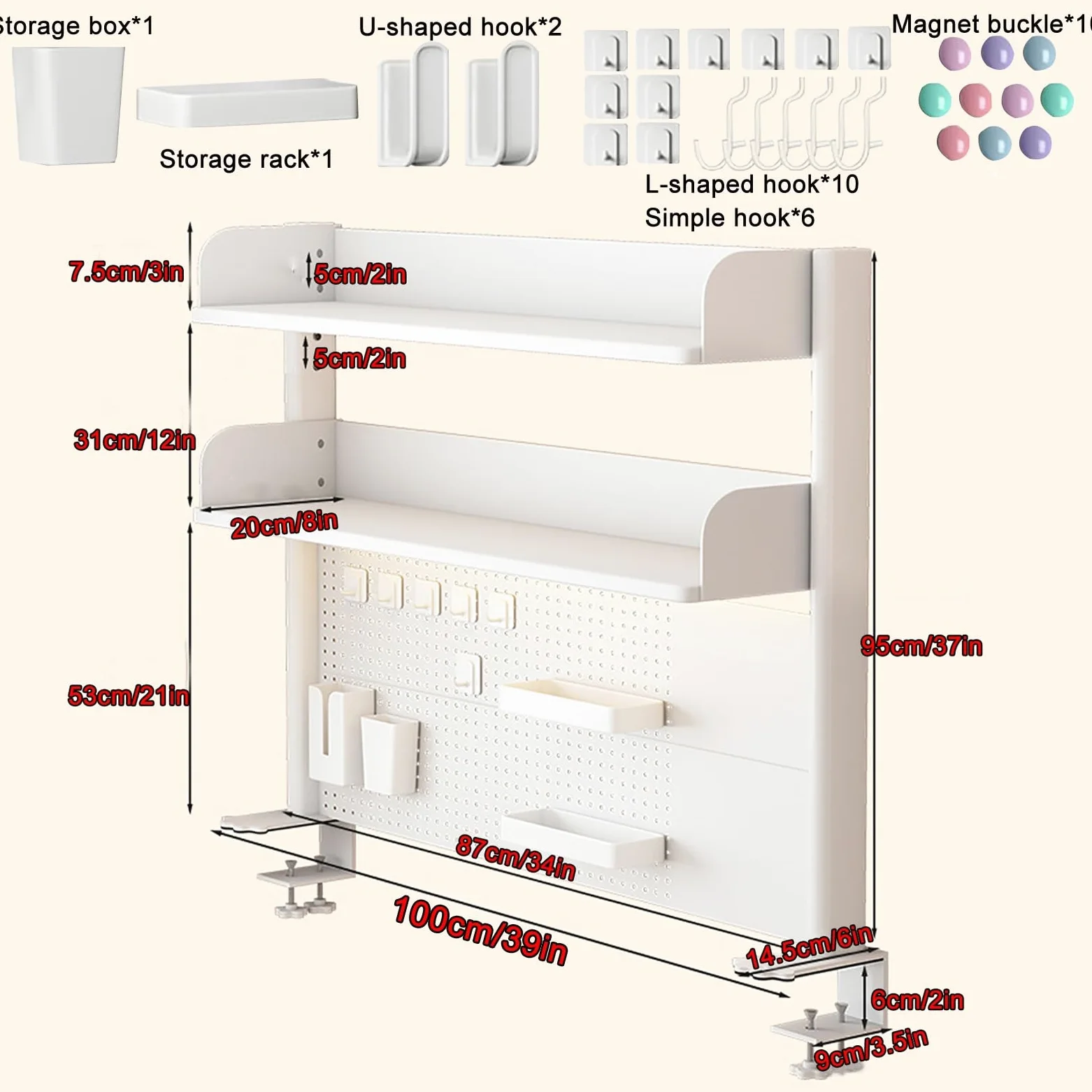 Mensola da Scrivania Workstation con Pannello Forato Estensibile da Scrivania, Scaffale da Scrivania con Morsetto Sopra, Pannello con Picchetti Magnetici in Metallo con 20 Accessori ( Size : 100*95cm/