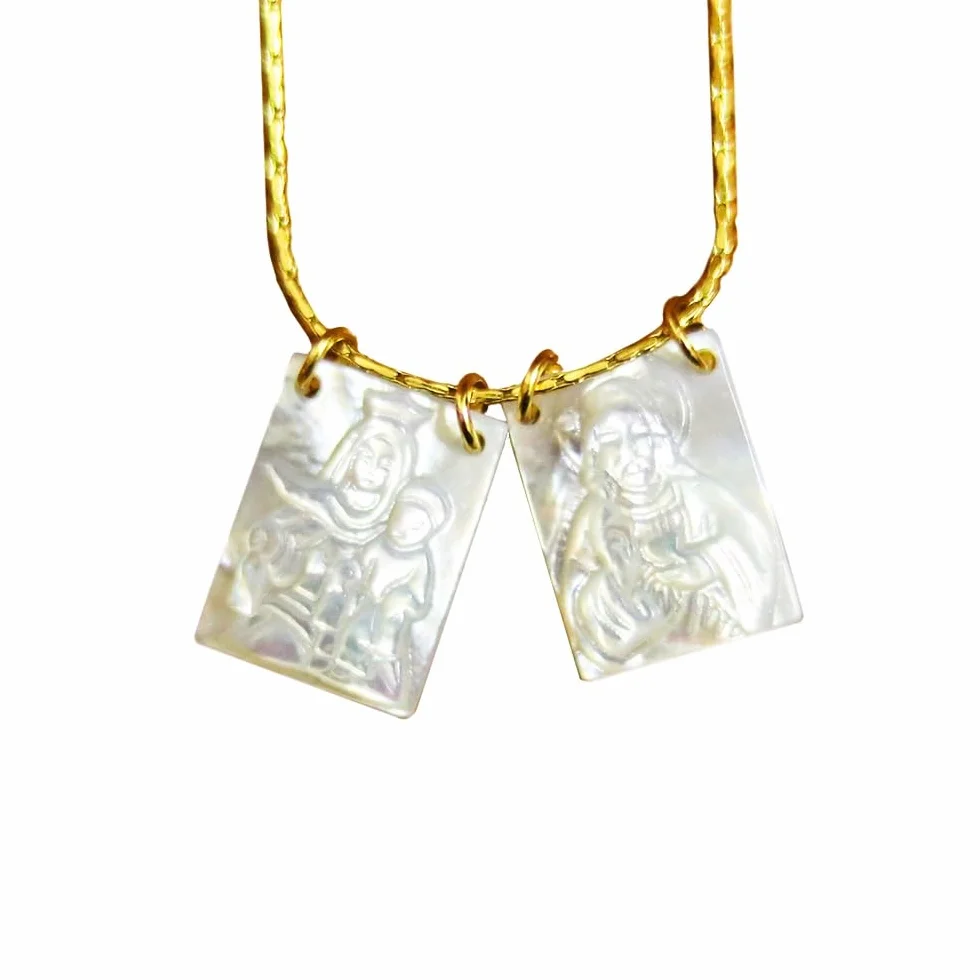 Collana con Scapolare in Madreperla Gesù E Vergine Maria,Collana con Scapolare in Perle Placcata in Oro 14k