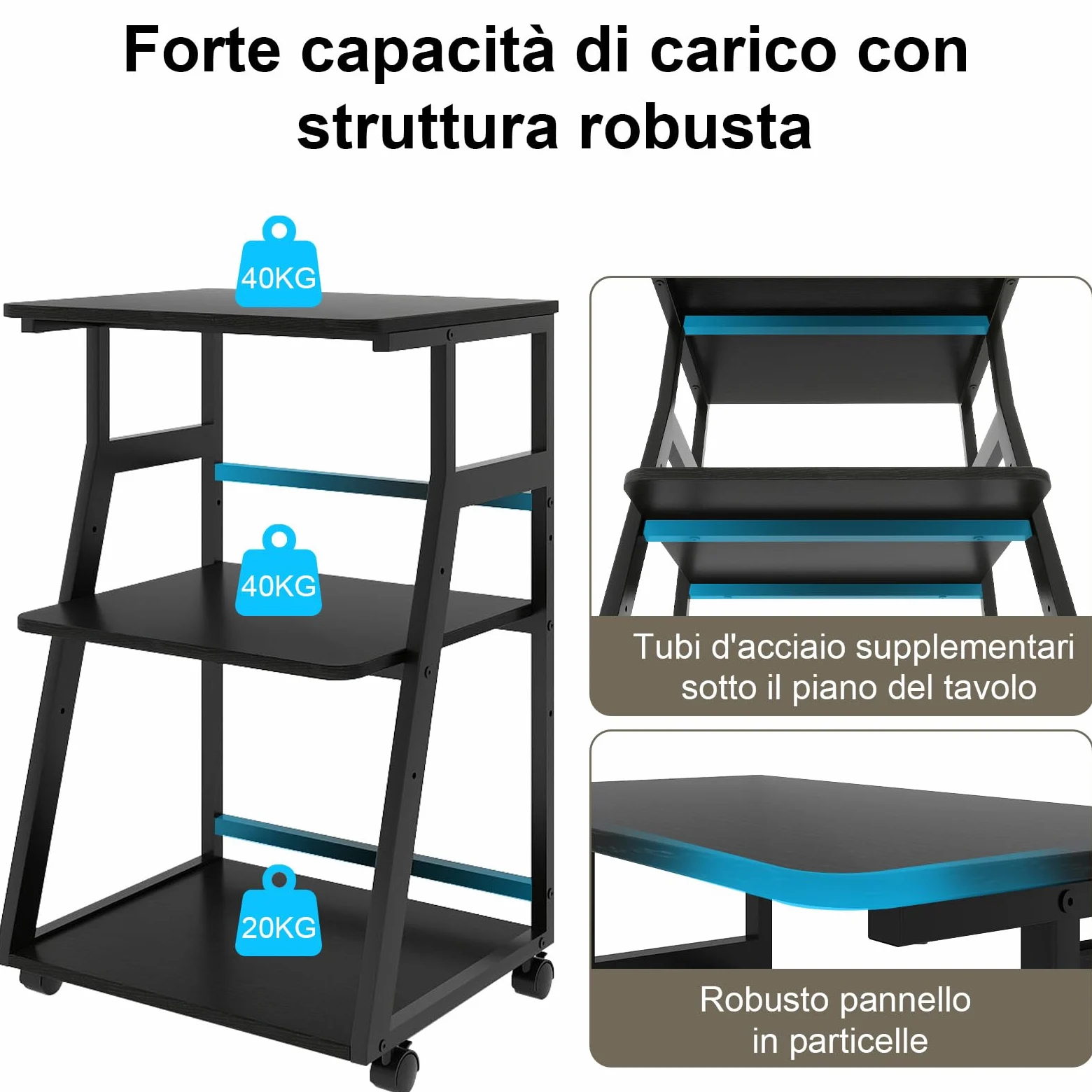 PUNCIA Supporto per Stampante a 3 Livelli 50x40x75CM Carrello Rotante con Ripiano Regolabile Scaffale per Stampante in Legno Mobile Tavolo Funzionale con Contenitore per Ufficio e Casa (Nero)