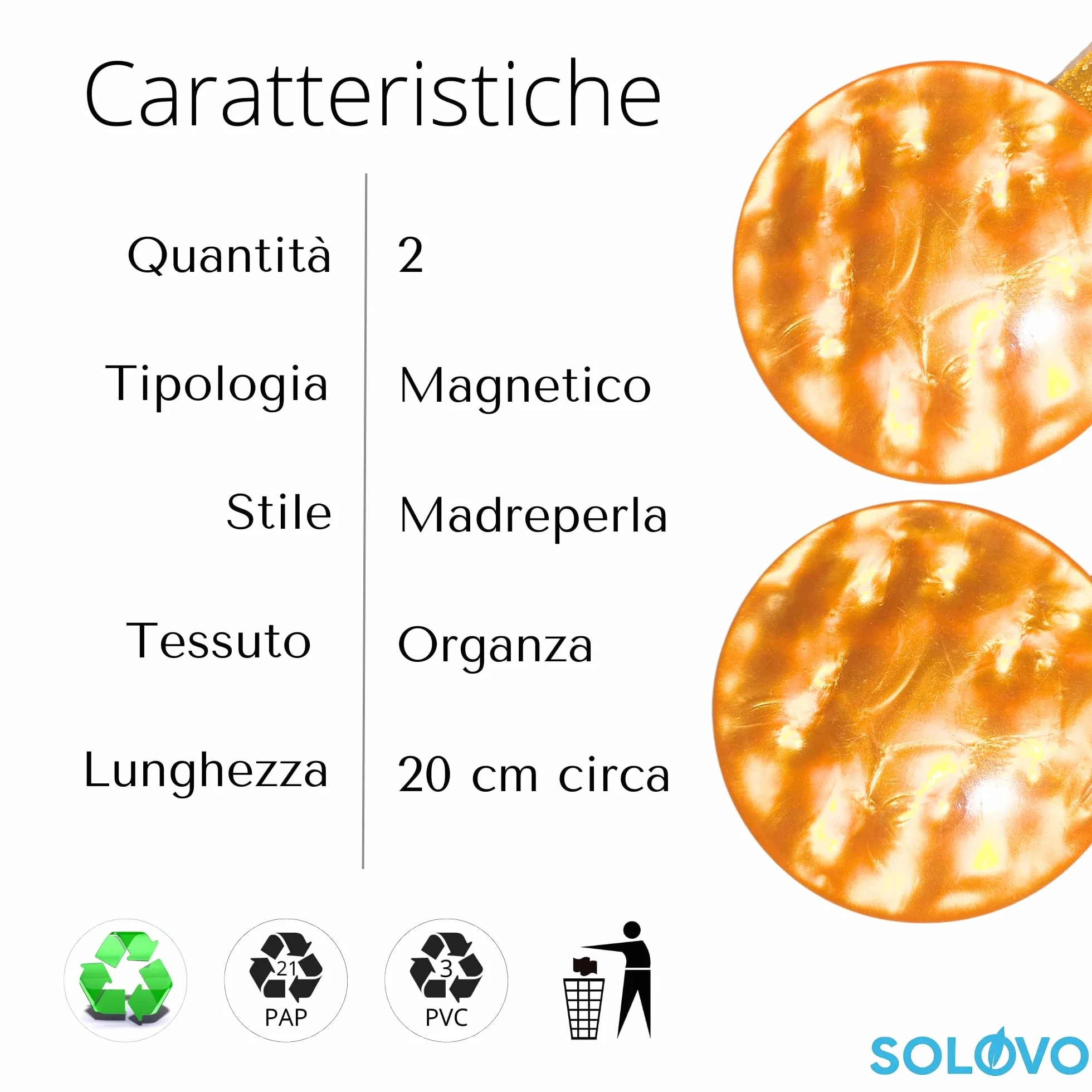 SOLOVO 2 Pezzi Fermatenda Magnetici per Tende, Clip Tenda Effetto Madreperla con Nastro in Organza, Accessori Tende Senza Fori, Arancio