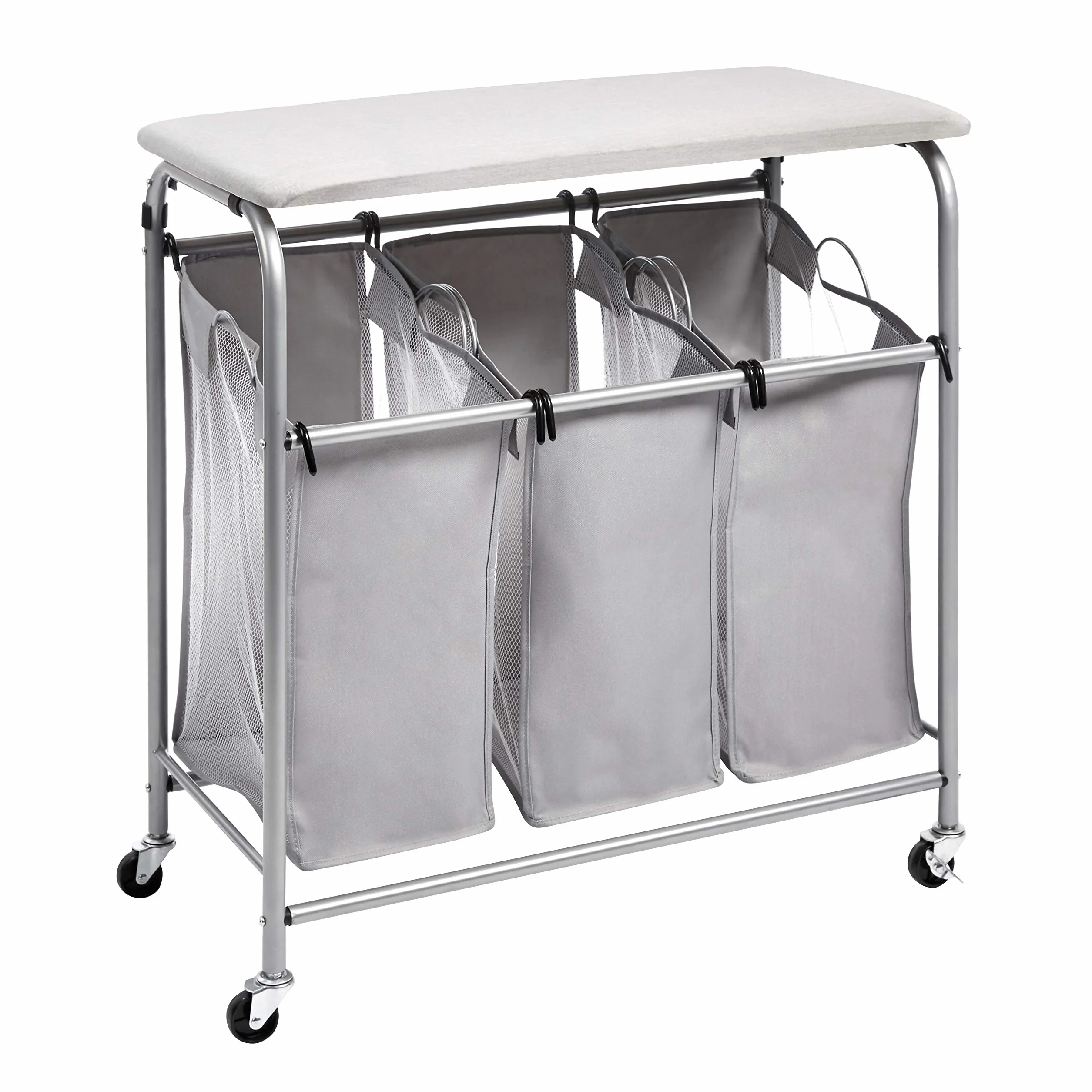 Amazon Basics Rettangolare Carrello raccogli biancheria con 3 sacchi e asse da stiro da tavolo (colore grigio), 80 cm x 41 cm x 84cm