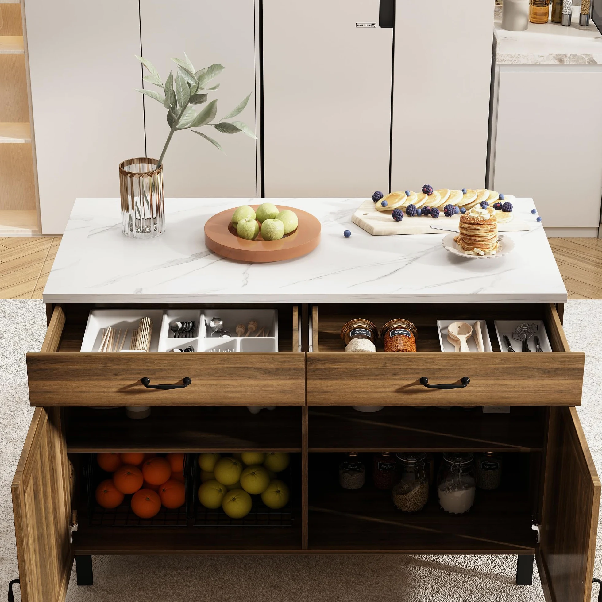 Isola cucina con piano di lavoro, armadio da cucina a cassetti, tavolo centrale con ante e cassetti, buffet marrone e bianco, 120x60x85 cm, MDF