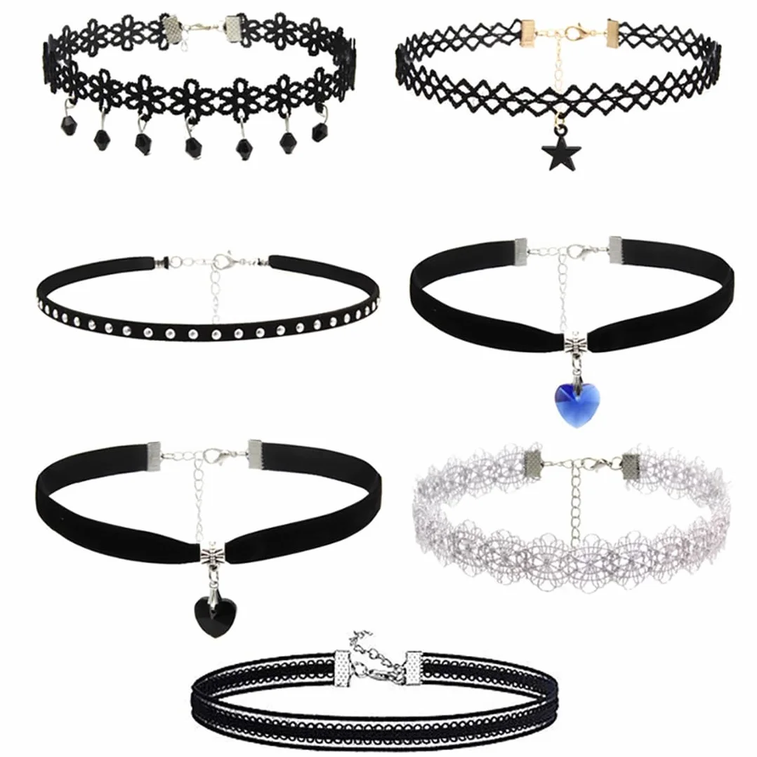 Choker Donna in Velluto Nero Girocollo Stretch Collare Tatuaggio 7 Pezzi