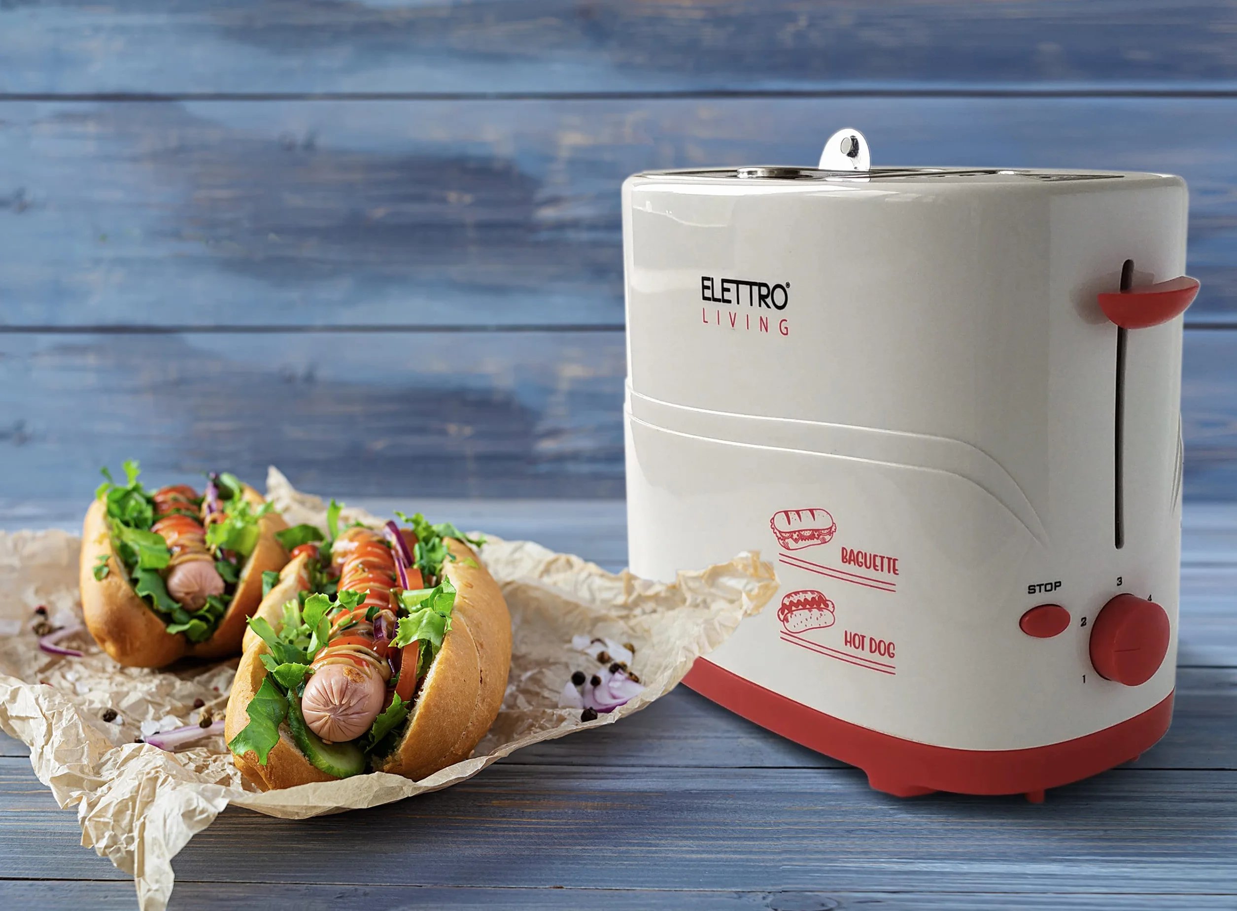 Poldo Elettroliving, Macchina per baguette e hot dog con Alloggio Wurstel e Pane, cassetto raccogli briciole e piedini antiscivolo, ideale per regali, feste e party