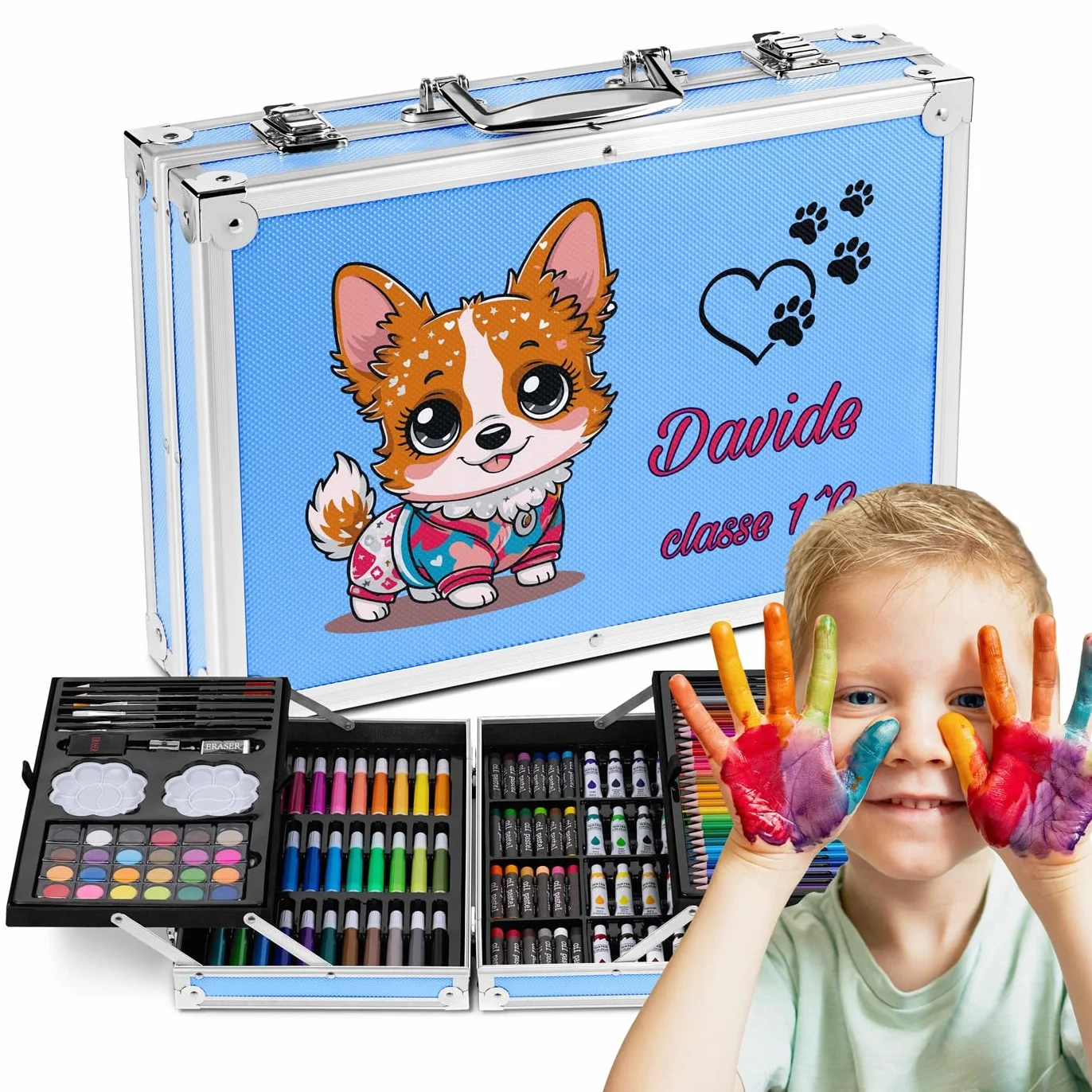 Maverton Valigetta Colori Personalizzata - Azzurra o Rosa a 2 Piani - Set Pittura e Disegno - Kit Matite Colorate Pastelli Pennarelli Colori a Matita - Regalo Bambini Compleanno