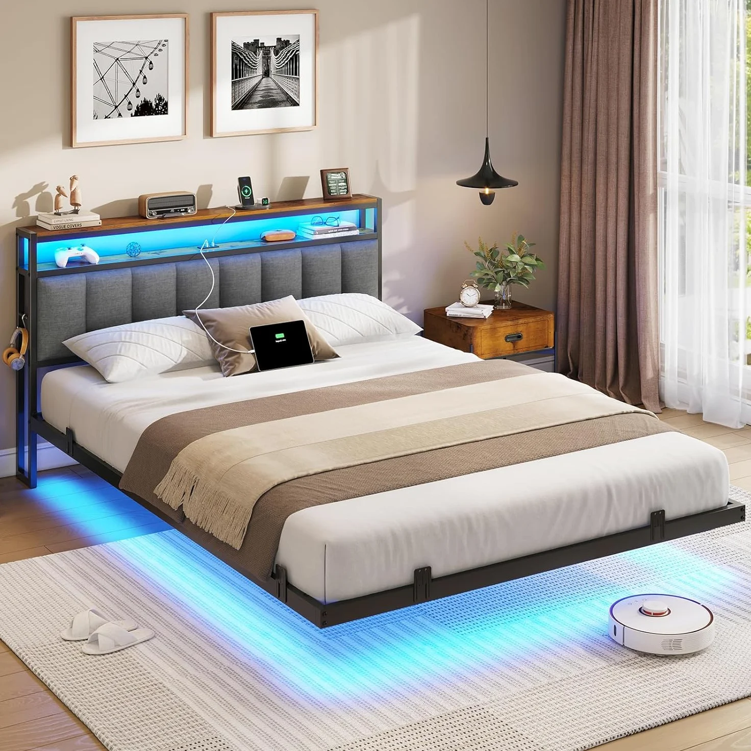 AOGLLATI Letto Matrimoniale, Letto 160x200 cm con Illuminazione a LED e Stazione di Ricarica, Struttura Letto con Testiera Imbottita, Effetto Visivo Levitante, Stile Minimalista, Grigio Scuro